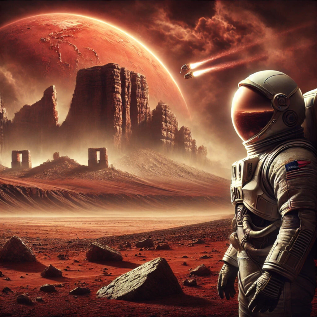 Astronauta observando ruinas antiguas en Marte