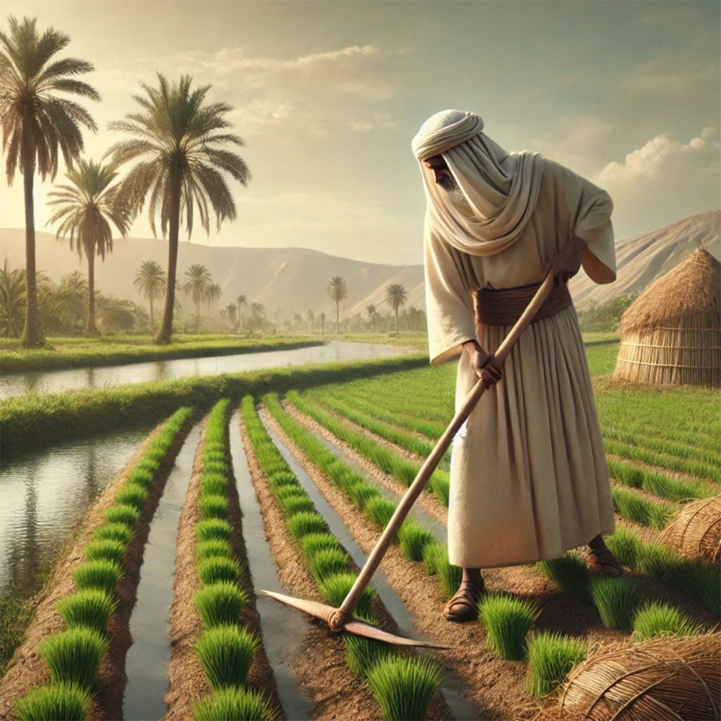 Campesino del Antiguo Egipto trabajando cerca del río Nilo