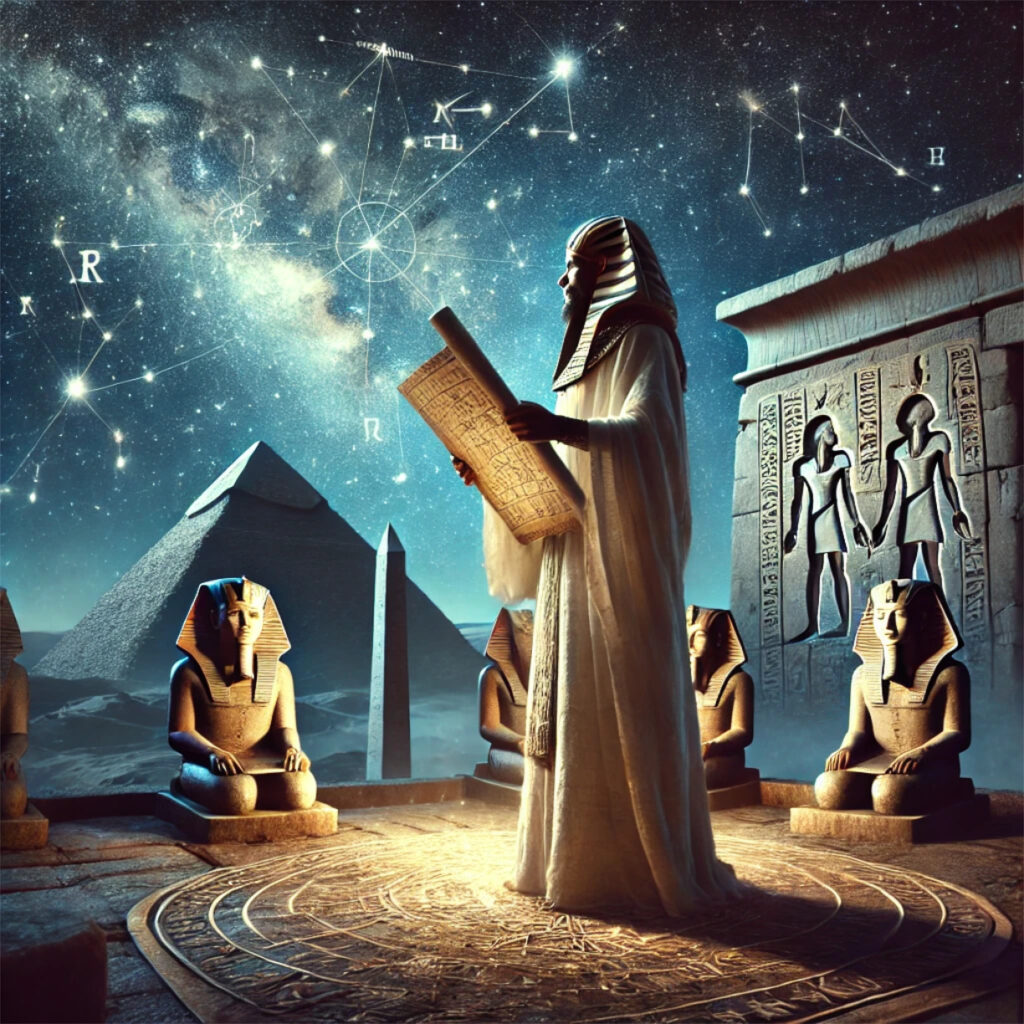 Erudito del Antiguo Egipto con un mapa celeste