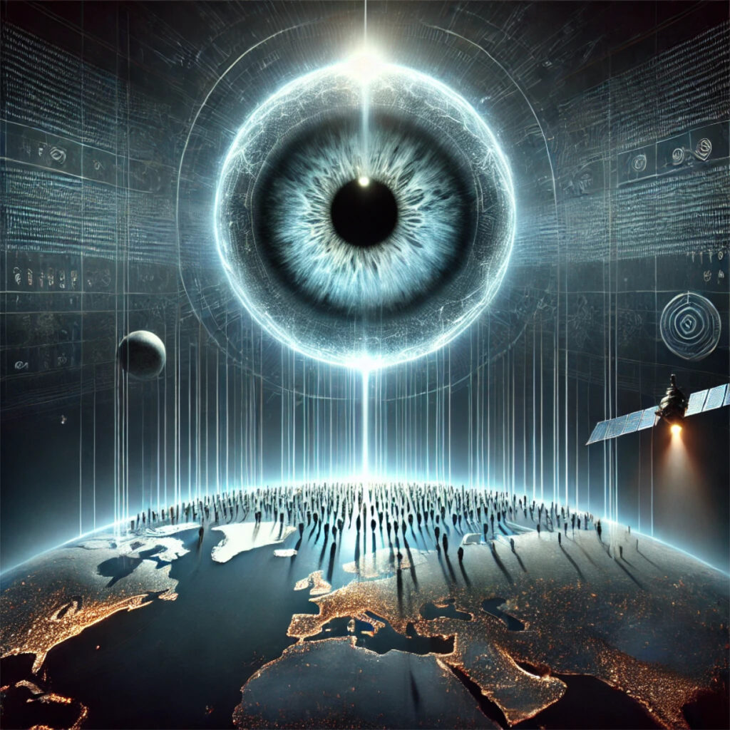 Una imagen simbólica que representa el control global. Un gran ojo siniestro "iluminado" flota sobre una Tierra oscurecida.