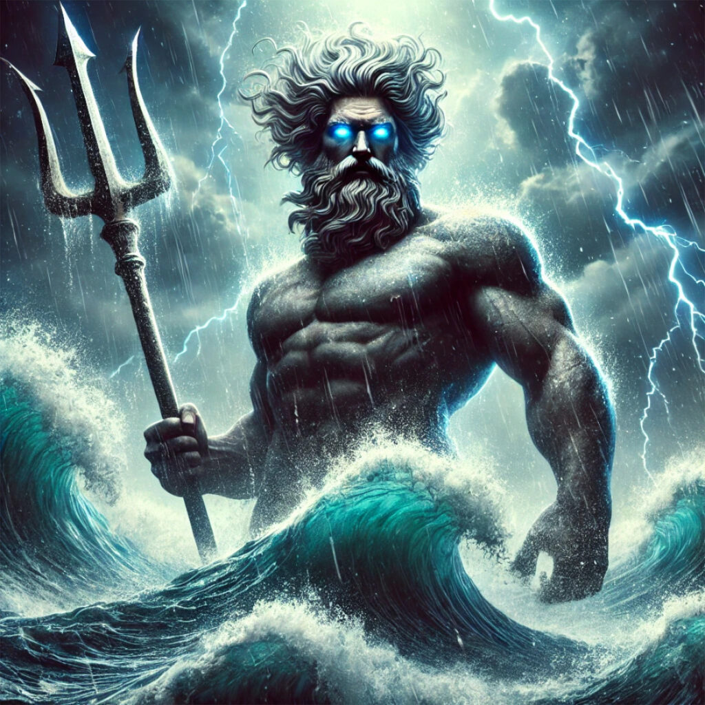 Poseidón, el dios griego del mar, majestuosamente sobre el océano, empuñando su poderoso tridente.