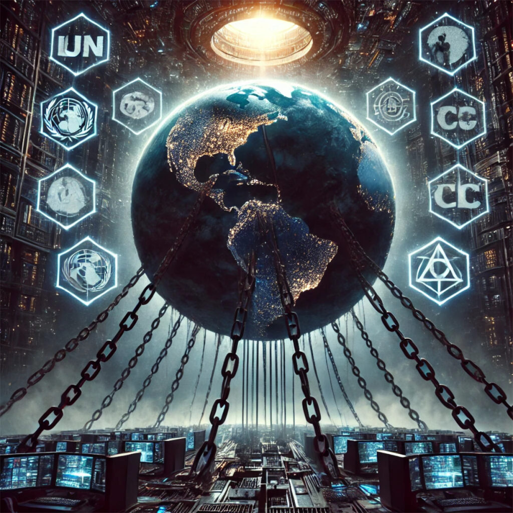 Una imagen oscura de la Tierra encadenada, conectada a una supercomputadora central, el sistema.