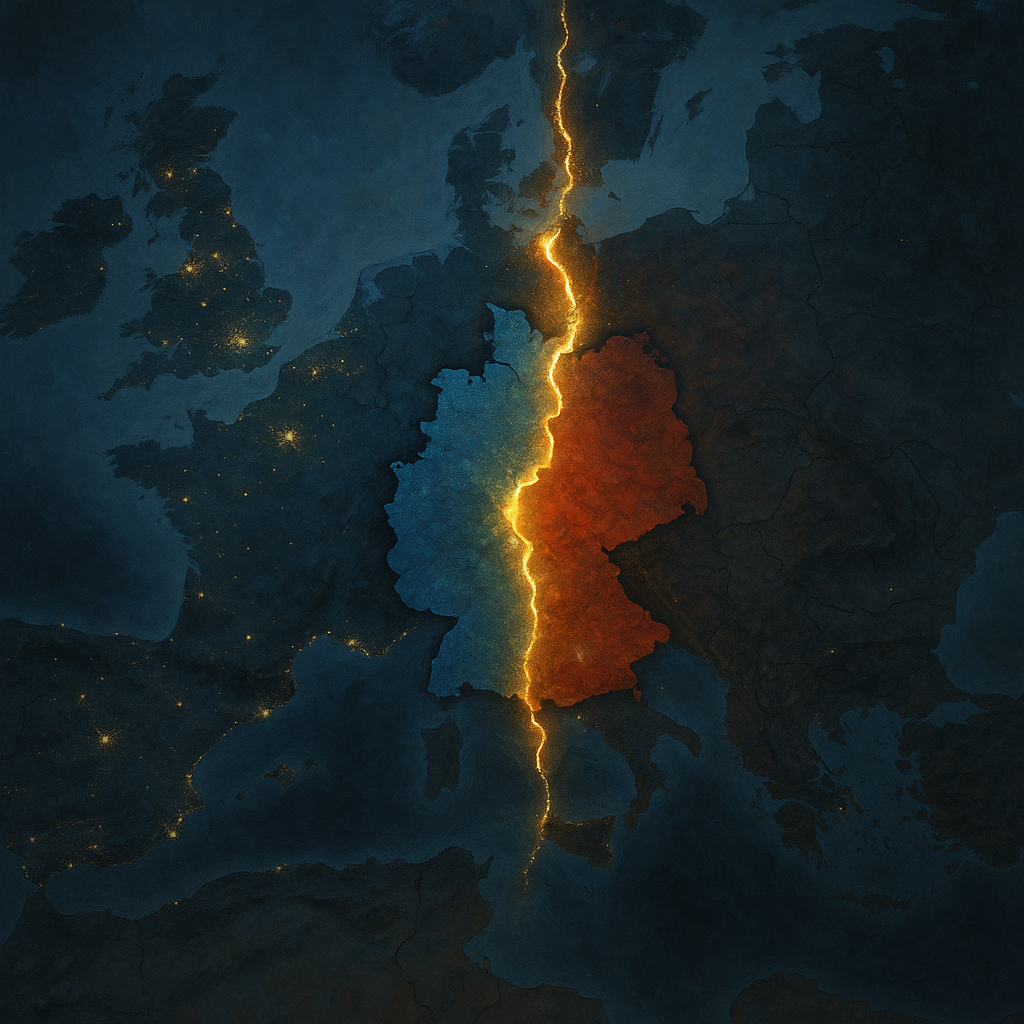 Mapa editorial de Europa con grieta luminosa desde el mar Báltico hasta el Adriático, dividiendo Alemania en dos bloques ideológicos al inicio de la Guerra Fría.