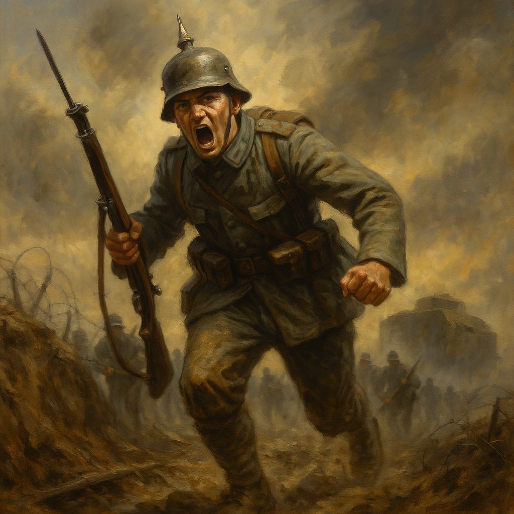 Soldado alemán de la Primera Guerra Mundial corriendo desde la trinchera con fusil en mano mientras el ejército avanza entre humo y maquinaria de guerra.