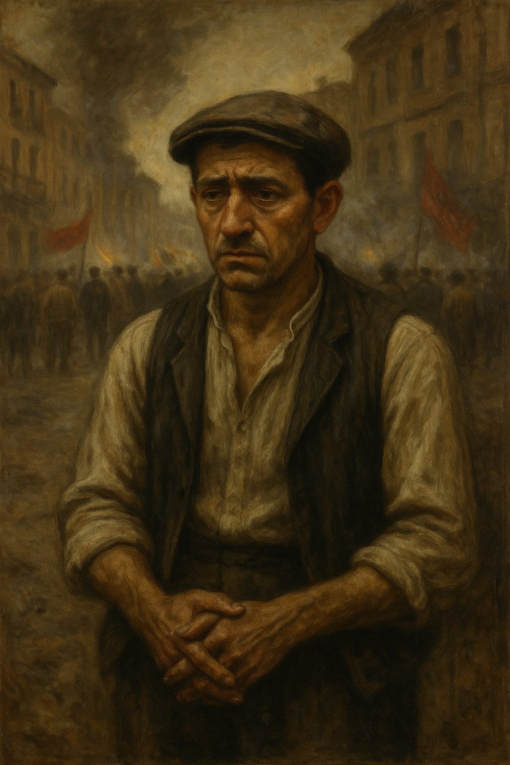 Obrero español de la década de 1930 con expresión de agotamiento, de pie frente a una calle llena de manifestantes y humo, representando los tensos antecedentes que llevaron a la Guerra Civil Española.