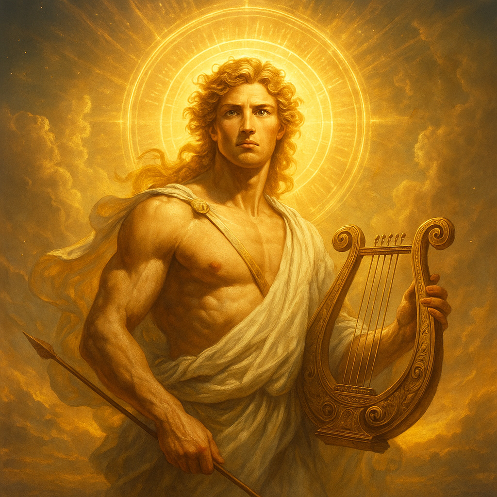 Pintura digital en estilo épico mitológico de Apolo, dios del sol y la música, con corona solar, flecha y una lira resplandeciente.