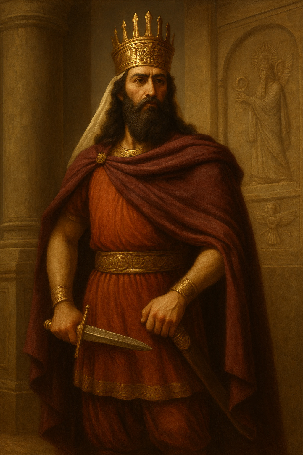 Retrato realista al óleo de Ardashir I, fundador del Imperio Sasánida, representado con vestimenta persa tradicional, corona alta en forma de torre, barba espesa, en un entorno arquitectónico oriental que evoca el renacer del poder persa en el siglo III.