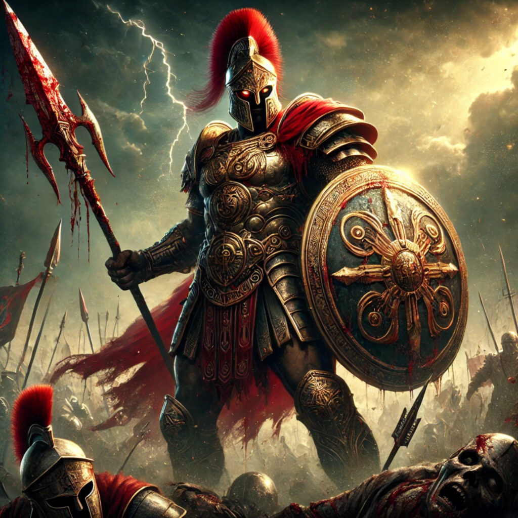 Ares, el dios griego de la guerra, en medio de un campo de batalla, vestido con una brillante armadura de bronce.