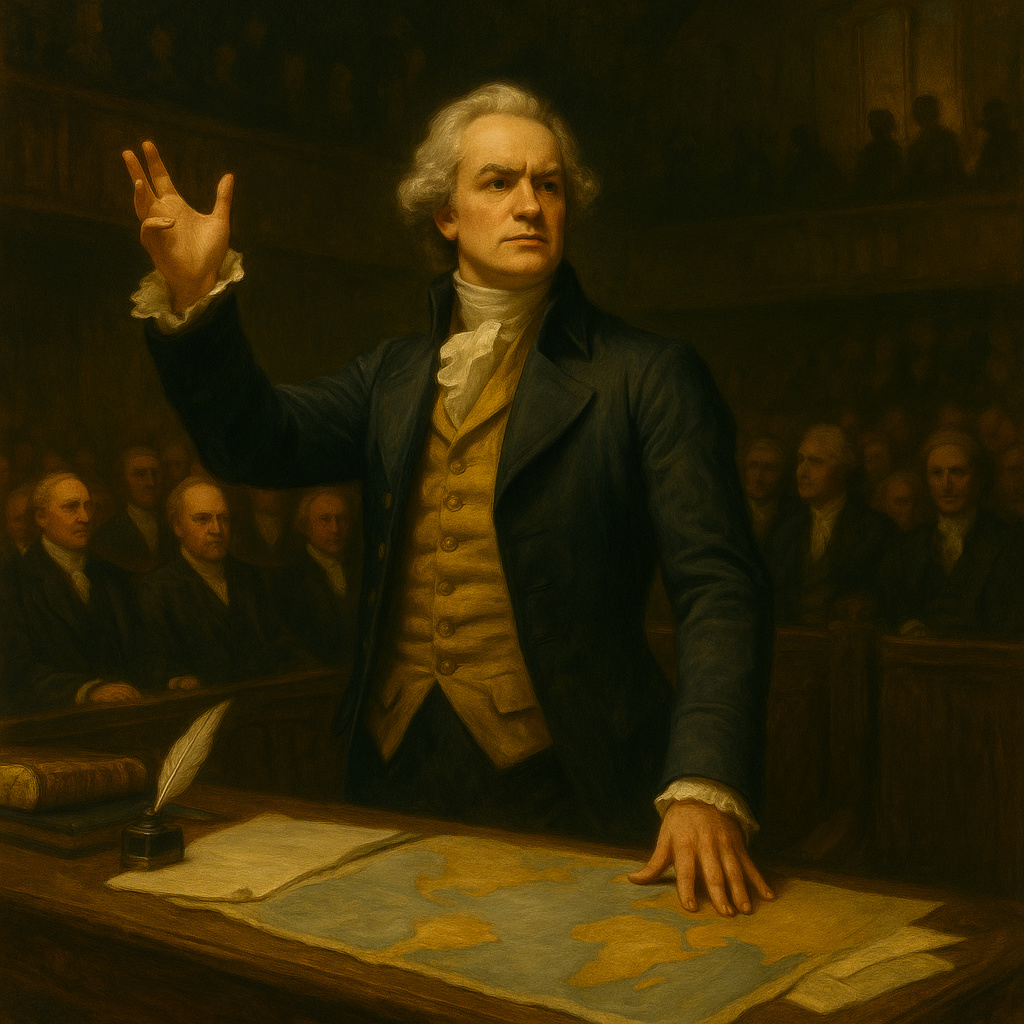 Pintura al óleo de un aristócrata británico dominando el Parlamento, con nobles de fondo y el pueblo excluido en las sombras, representando la lucha contra la aristocracia en las Reformas Inglesas.