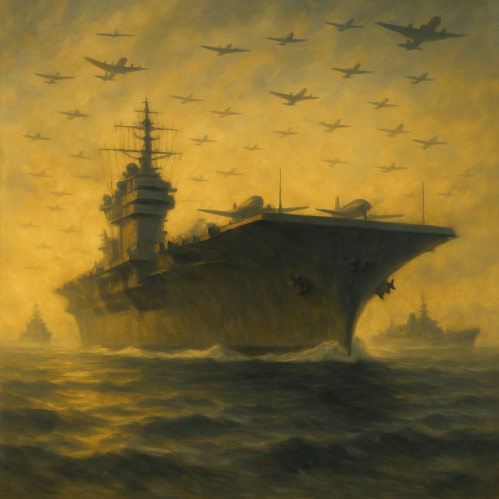 Portaviones aliado avanzando al amanecer rodeado de buques y aviones rumbo a la invasión de Normandía.