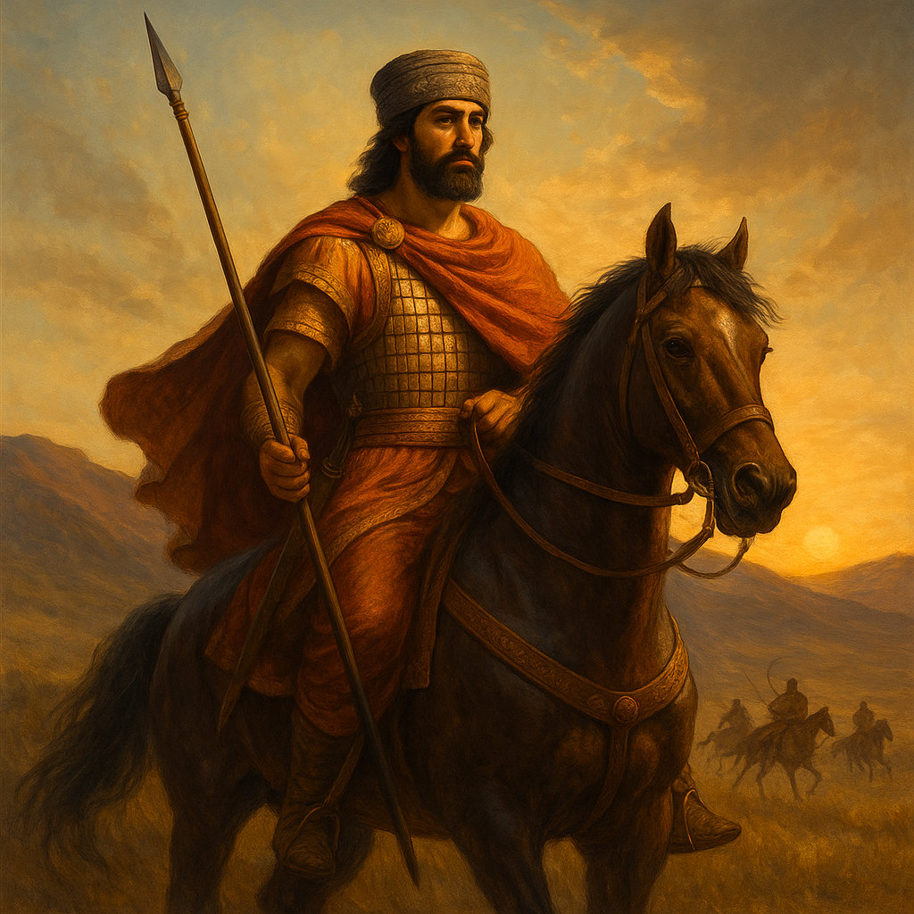 Pintura realista de Arsaces I, montado a caballo, liderando el surgimiento del Imperio Parto en Persia.