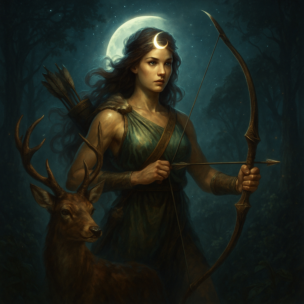 Pintura digital realista de Artemisa, diosa griega de la caza, con arco en mano, un ciervo a su lado y un resplandor lunar sobre su frente, en un bosque nocturno lleno de estrellas.