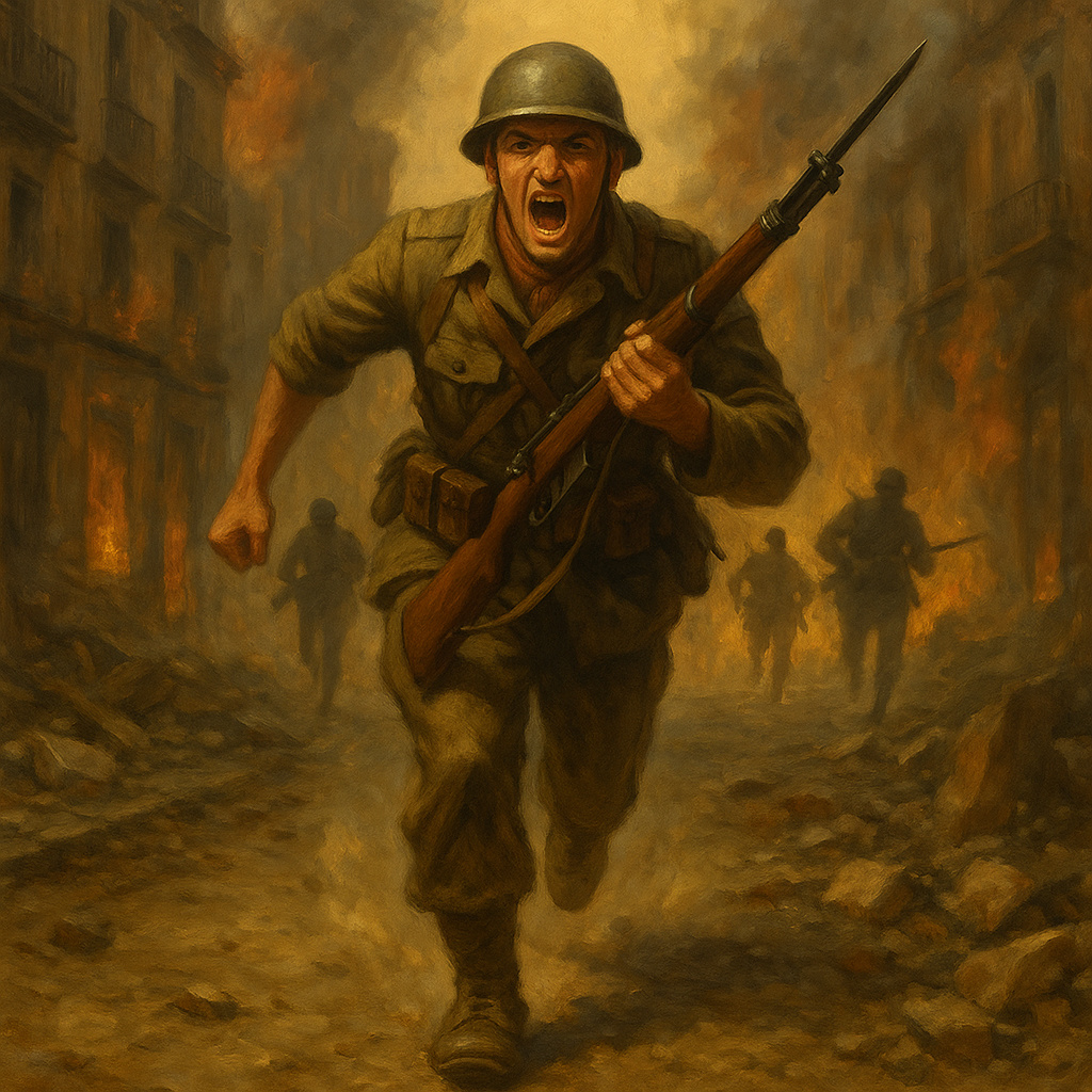 Soldado franquista avanzan corriendo hacia adelante con fusil en mano entre las ruinas humeantes de Madrid, seguido por siluetas de las tropas franquistas durante la ofensiva final de 1939.