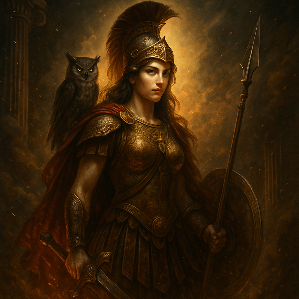 Representación mitológica realista de Atenea, la diosa griega de la sabiduría y la estrategia, con armadura brillante, escudo, y una lechuza, de pie en un templo sagrado entre columnas clásicas.