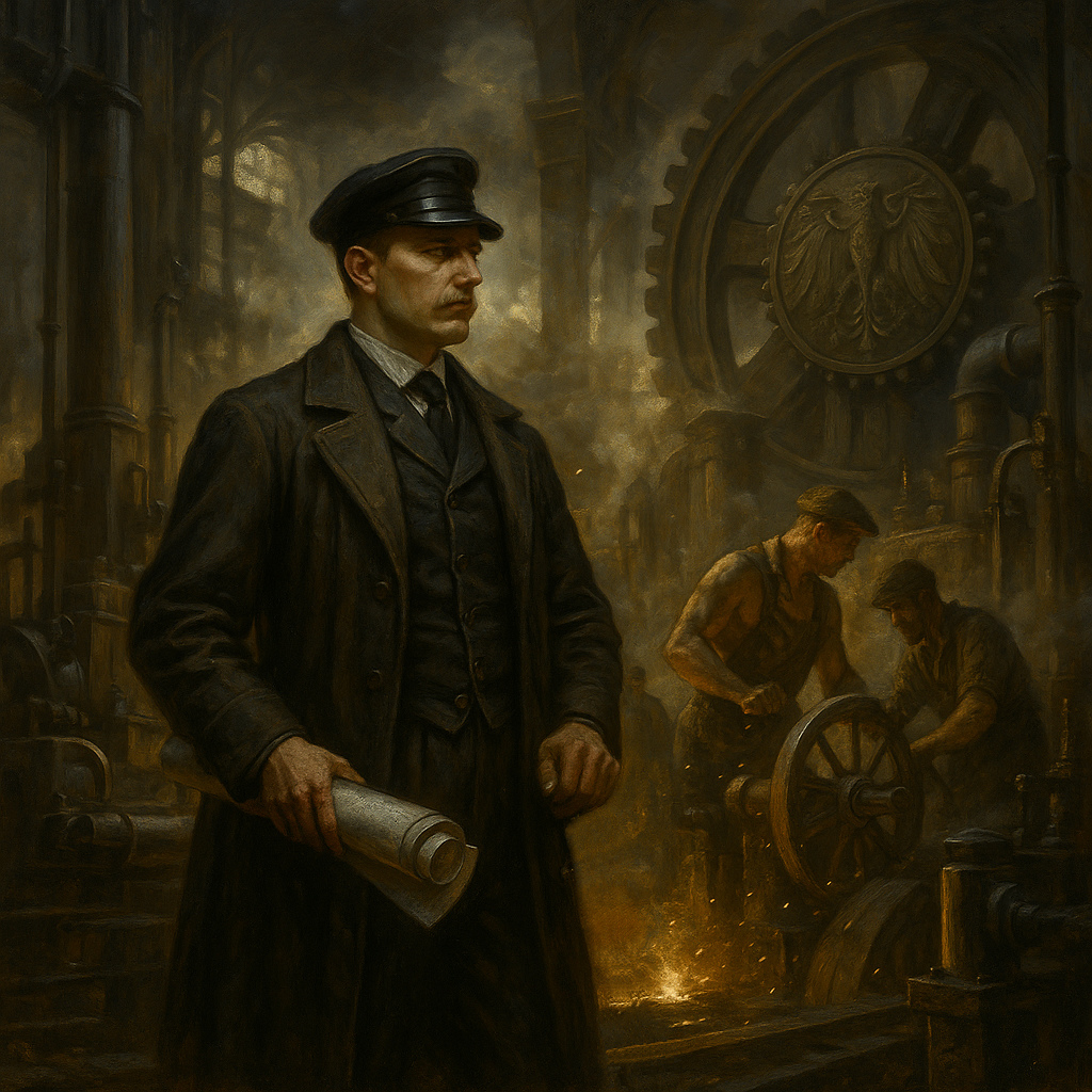 Ingeniero alemán del siglo XIX observando una fábrica industrial con obreros y maquinaria de vapor bajo el símbolo del águila imperial.
