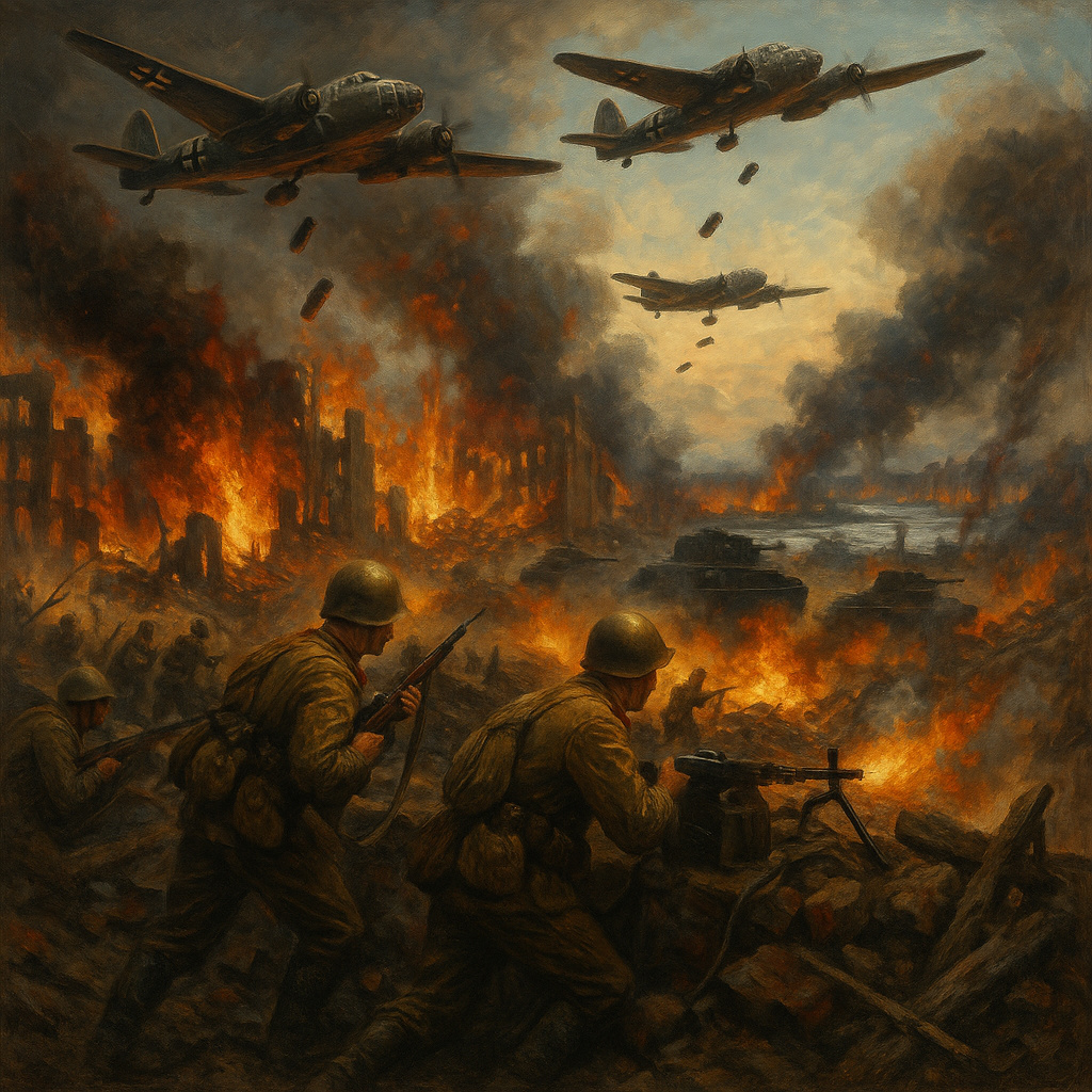 Bombardeo aéreo alemán sobre Stalingrado en 1942, con tropas soviéticas resistiendo en tierra entre ruinas y fuego.