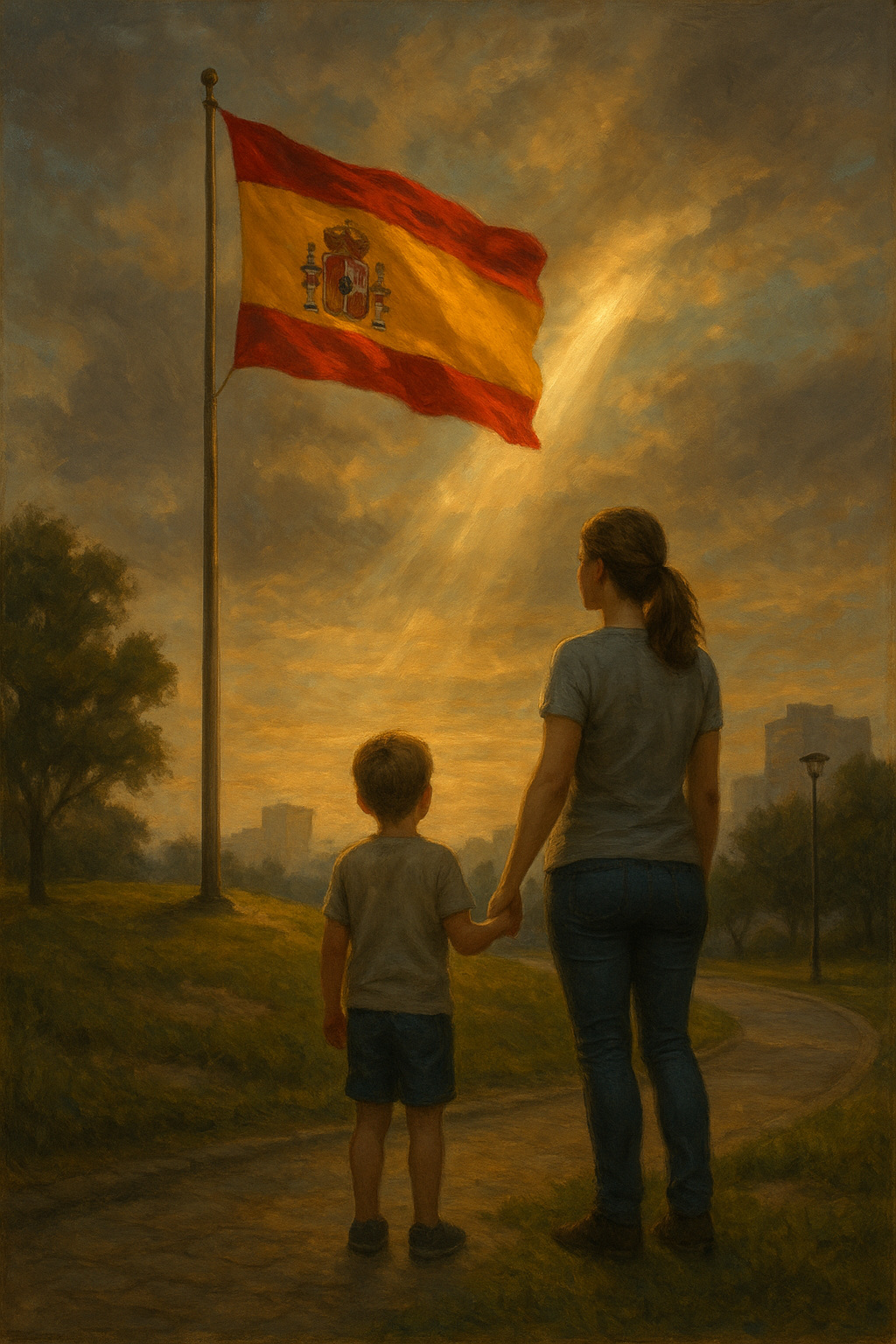 Madre joven y niño de pie en una colina al atardecer, observando la bandera española ondear iluminada por un rayo de luz, representando el legado y la memoria de la Guerra Civil Española.