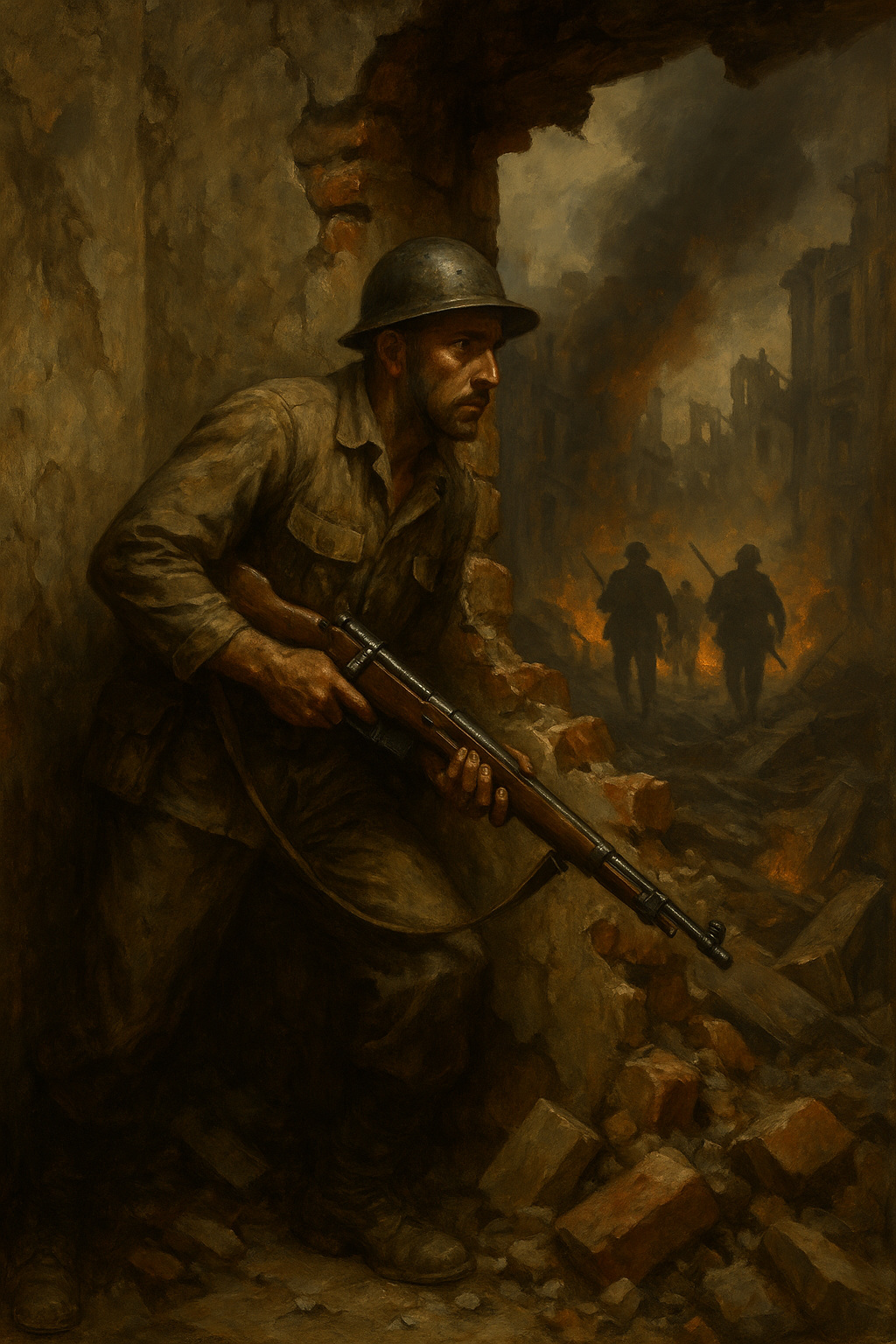 Soldado republicano español de pie y apoyado contra una pared destruida, vigilando a través de un hueco desde el que se ven siluetas armadas entre humo e incendios durante la Batalla de Madrid.