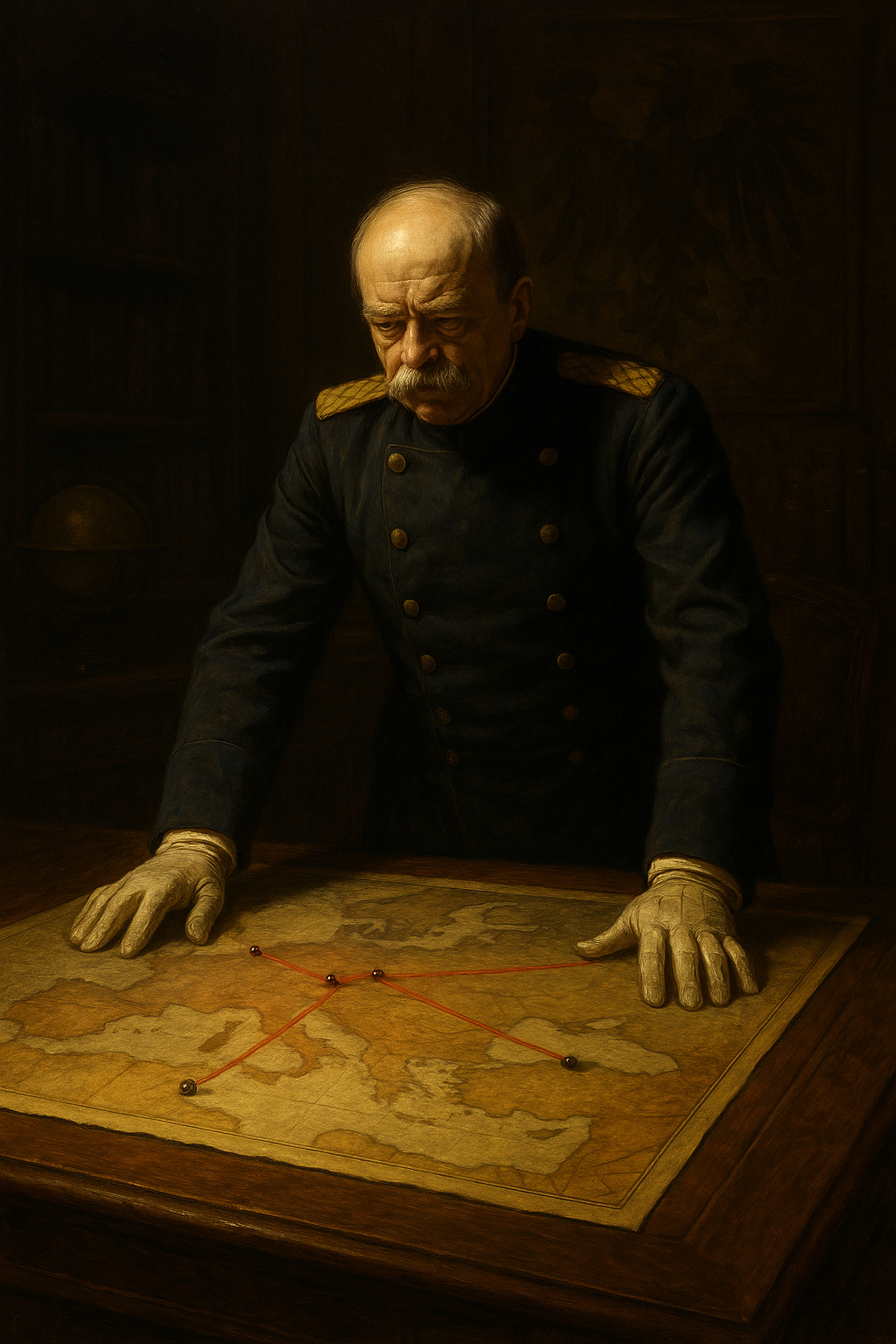 Otto von Bismarck con las manos sobre un mapa de Europa trazando alianzas entre Alemania, Austria-Hungría e Italia.