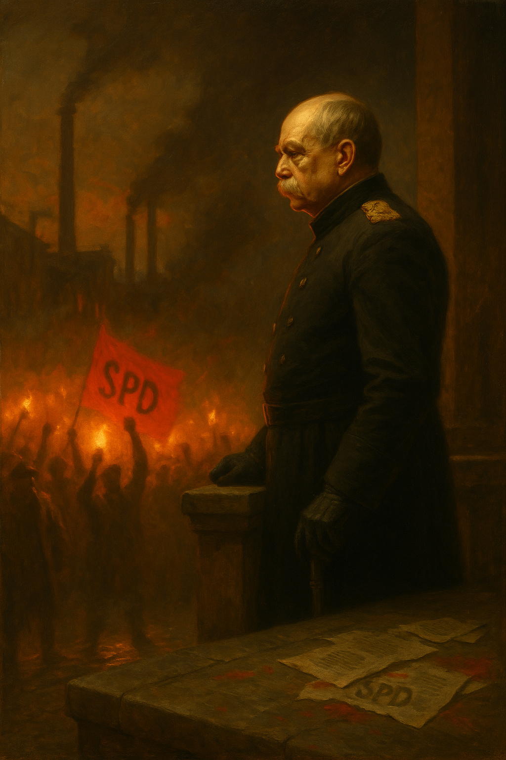 Bismarck observa desde lo alto una manifestación obrera desenfocada con una bandera del SPD iluminada en rojo.