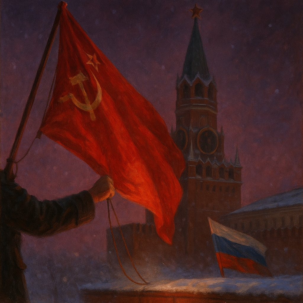 Pintura del Kremlin nevado con la bandera soviética siendo bajada solemnemente, simbolizando el colapso de la URSS en diciembre de 1991.