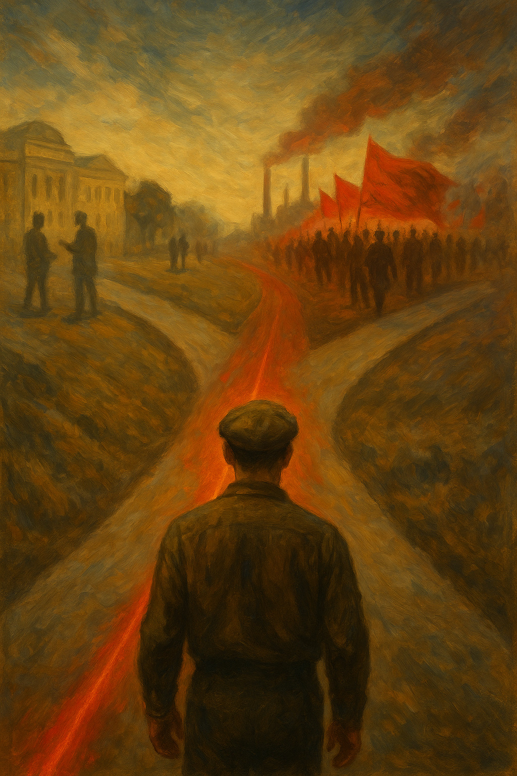 Obrero frente a un camino que se divide en tres senderos, simbolizando las variantes del socialismo: democrático, libertario y comunista