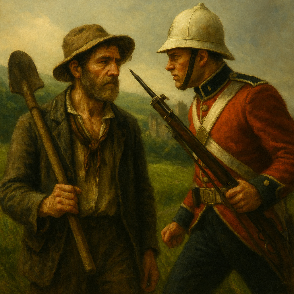 Campesino irlandés siendo reprimido por un soldado británico durante la dominación imperial.
