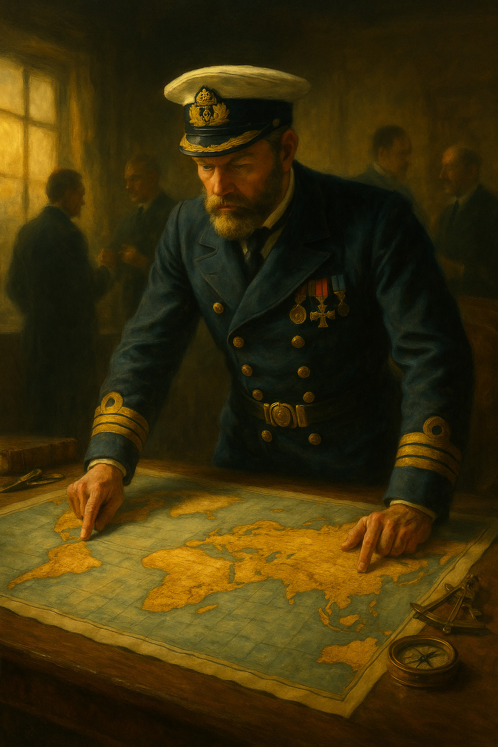 Un capitán británico contempla un mapa mundial sobre una mesa mientras planifica la expansión colonial.