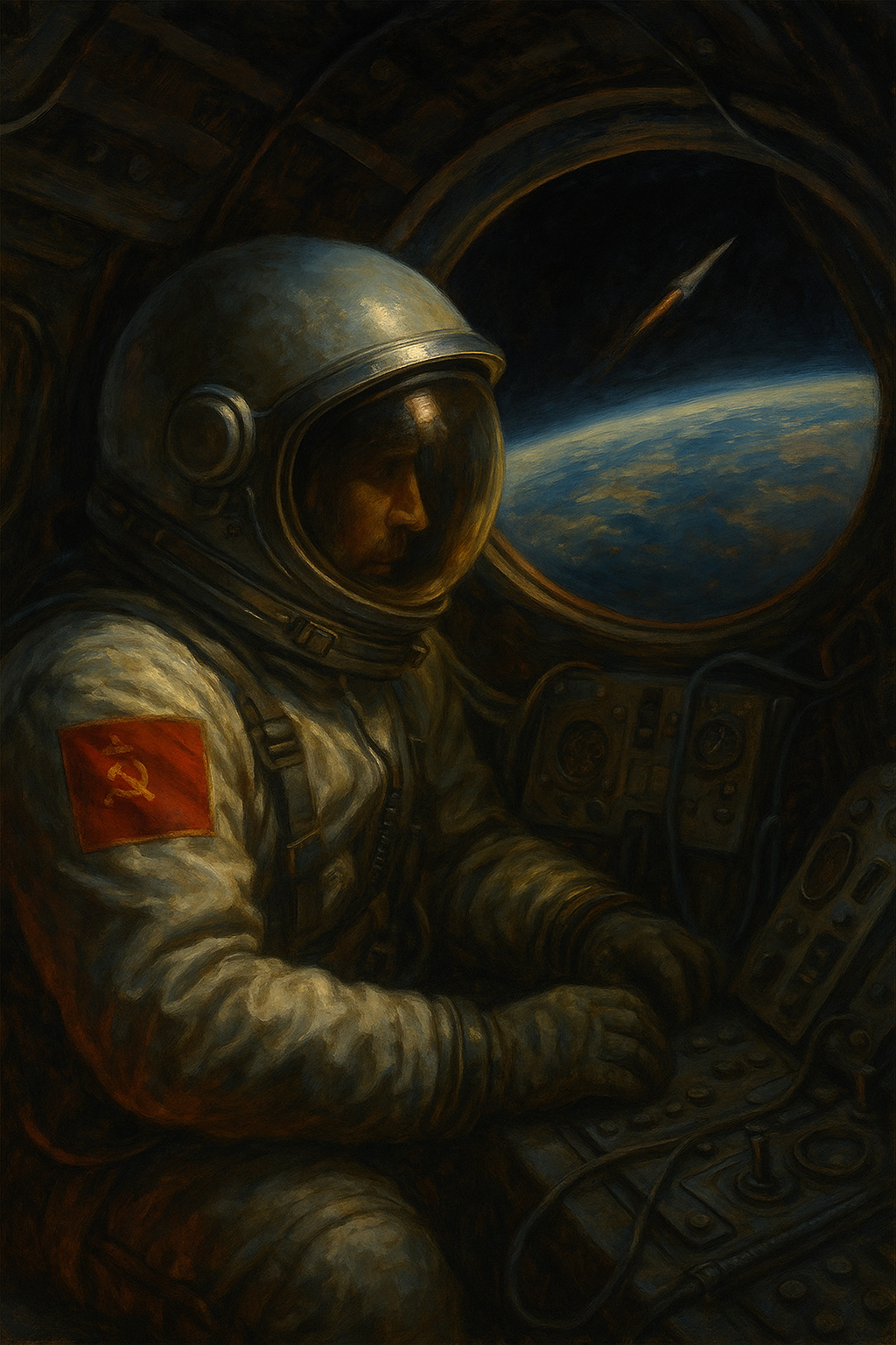 Cosmonauta soviético con bandera roja en el brazo dentro de una cápsula espacial mirando la Tierra desde órbita, representando la competencia espacial entre EE.UU. y la URSS durante la Guerra Fría.
