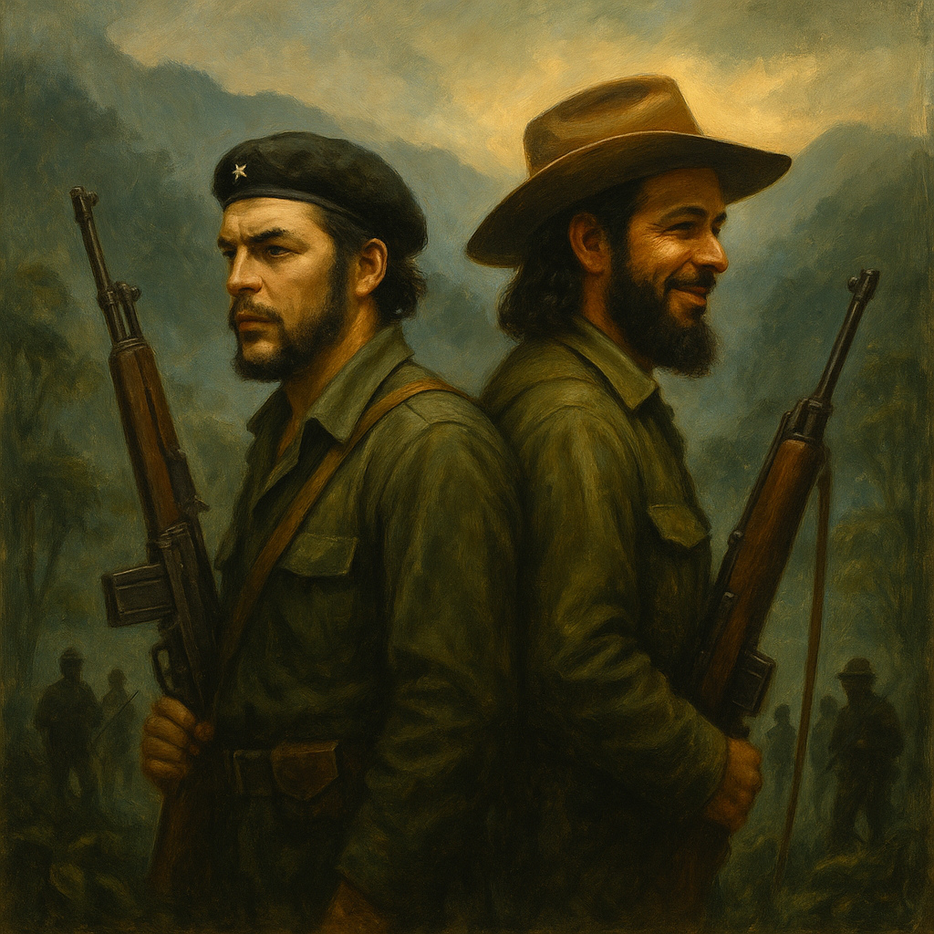El Che Guevara y Camilo Cienfuegos de espaldas, armados, en la Sierra Maestra con guerrilleros en sombras al fondo.