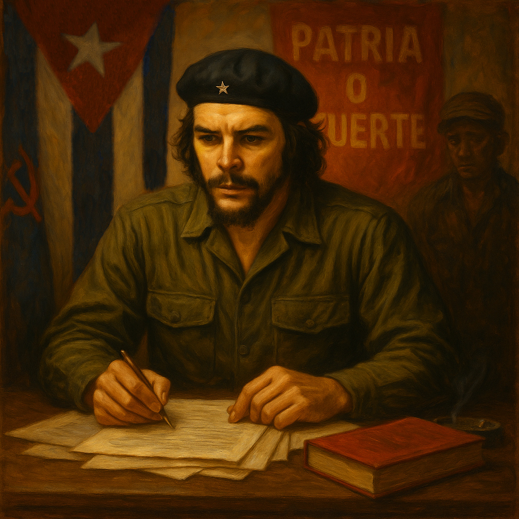 Pintura del Che Guevara con boina negra y estrella, revisando documentos en un escritorio, con banderas de Cuba y simbolo de la Unión Soviética en segundo plano.