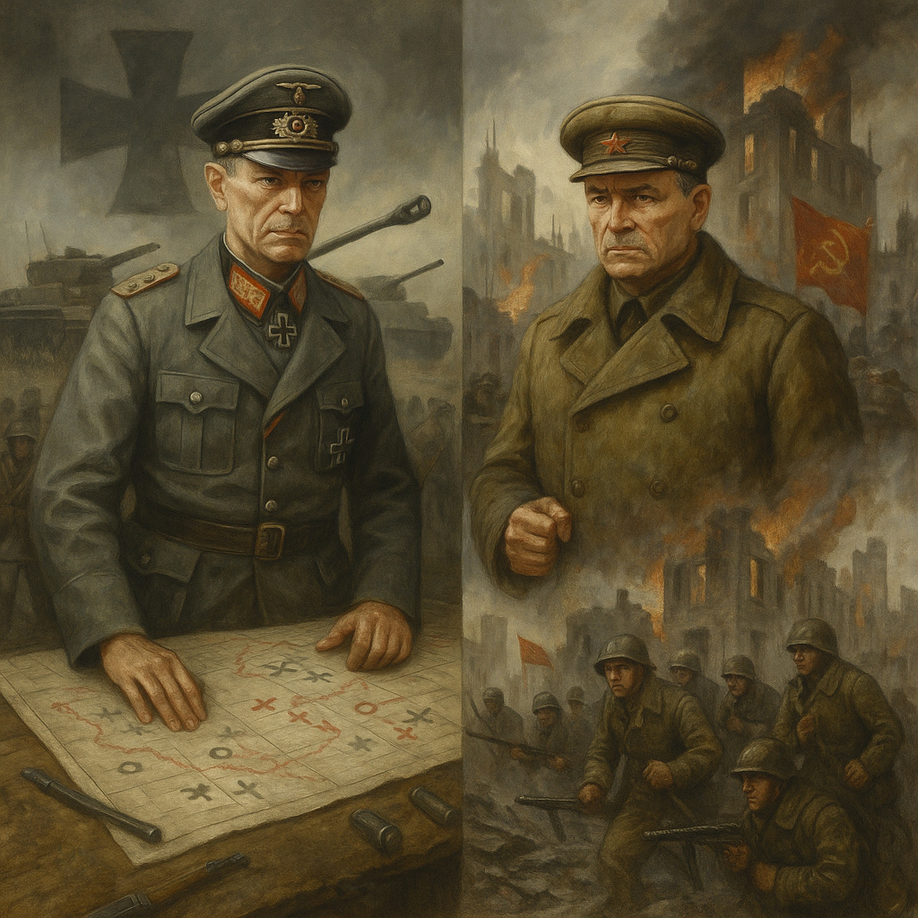 Friedrich Paulus y Vasily Chuikov enfrentados simbólicamente en Stalingrado, con tropas alemanas y soviéticas representando el choque de fuerzas y estilos de liderazgo.