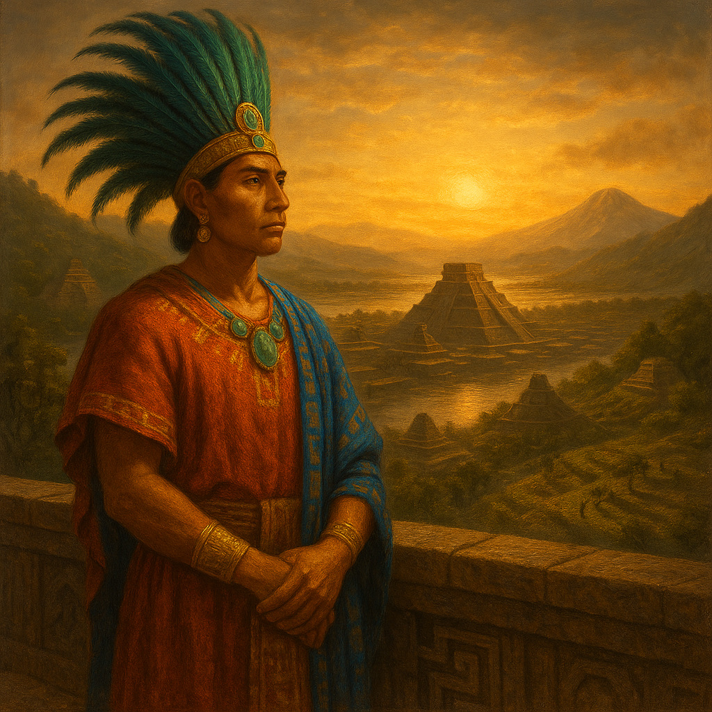 Sacerdote azteca contemplando templos y paisajes que simbolizan las civilizaciones precolombinas antes de la llegada de Colón.