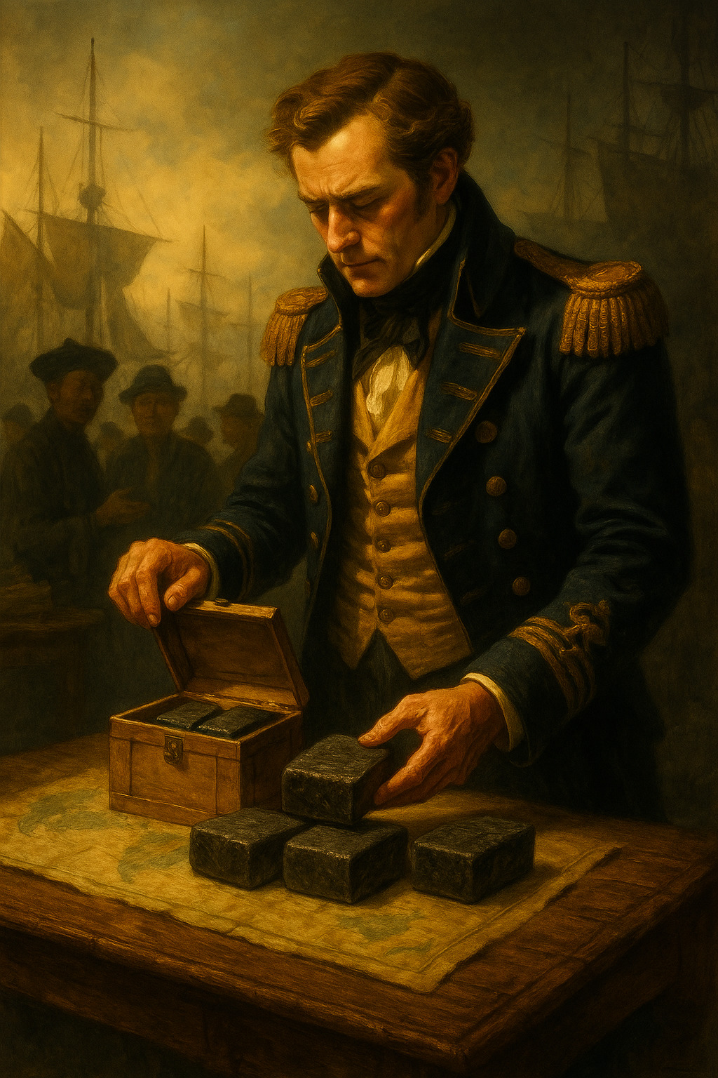 Pintura al óleo realista de un comerciante británico vendiendo cajas de opio a mercaderes chinos durante el siglo XIX, escena que simboliza el impacto económico y social de las Guerras del Opio.