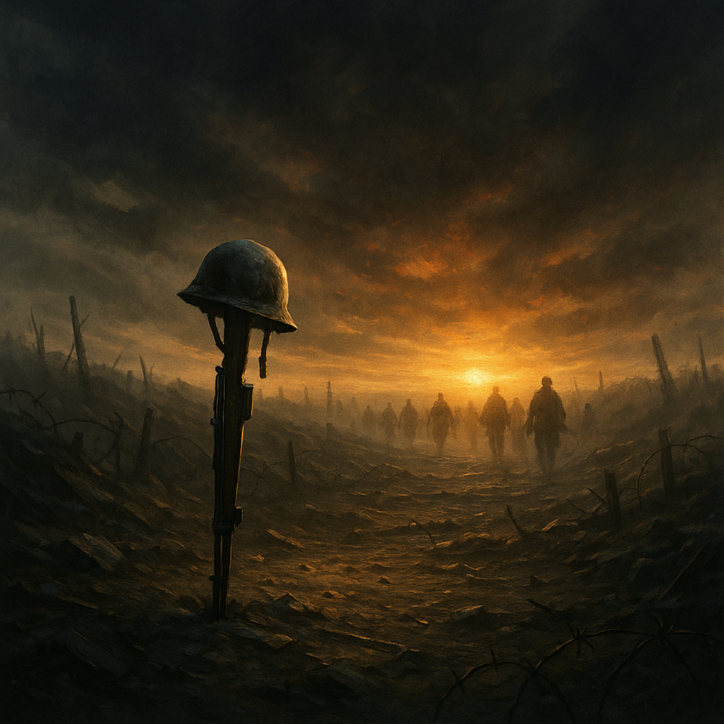 Representación simbólica de la conclusión de la Primera Guerra Mundial con casco sobre fusil, campo de batalla vacío y soldados fantasmales al amanecer
