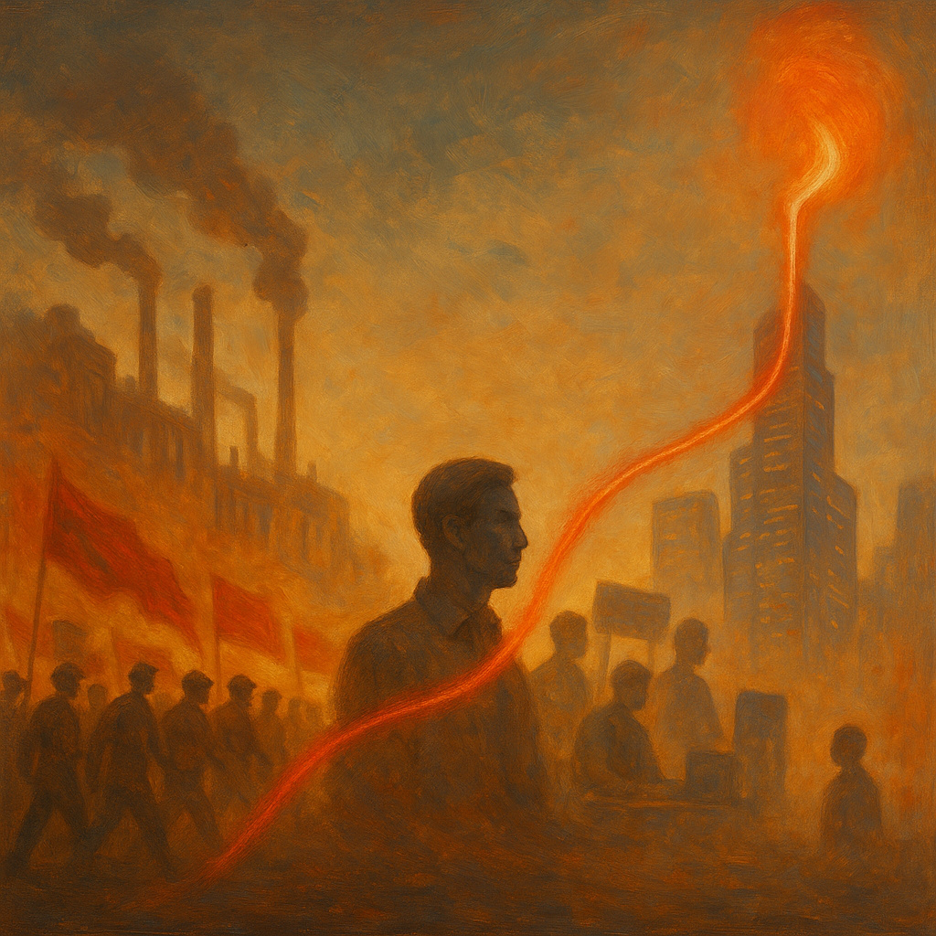 Línea roja simbólica que conecta obreros del pasado, figuras modernas y una ciudad futurista, representando la evolución del socialismo en el tiempo