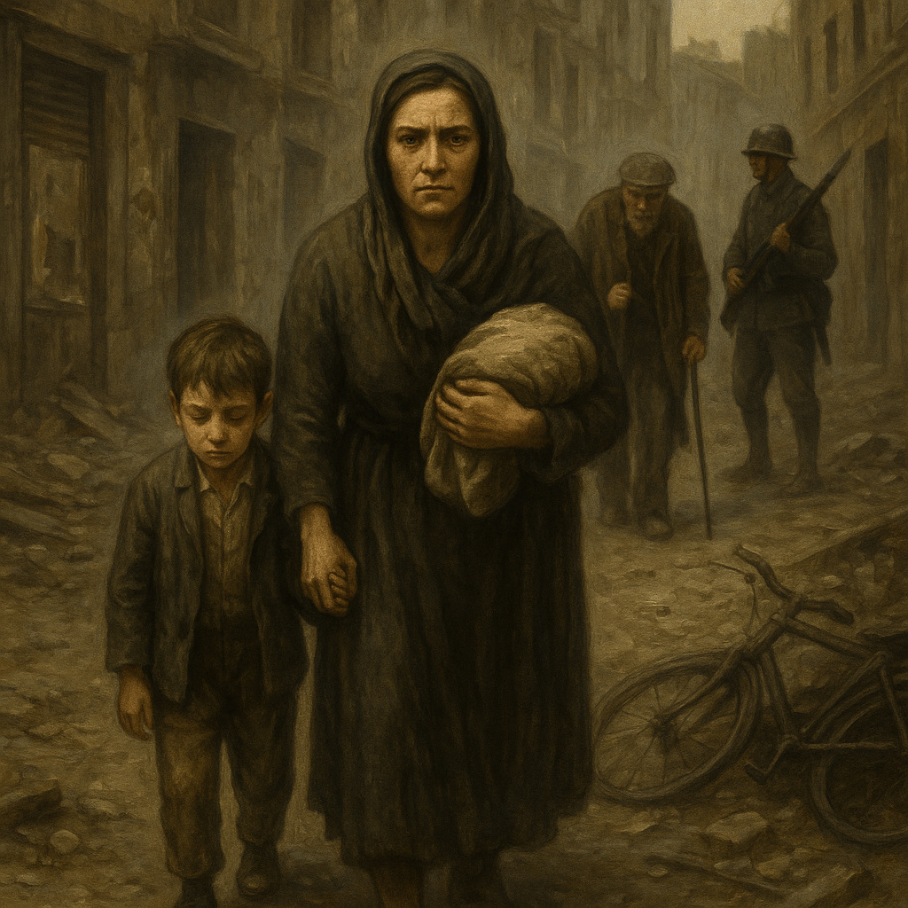 Madre española caminando entre ruinas con un niño y un anciano, mientras un soldado franquista observa desde el fondo. La escena representa las consecuencias humanas de la Guerra Civil Española.