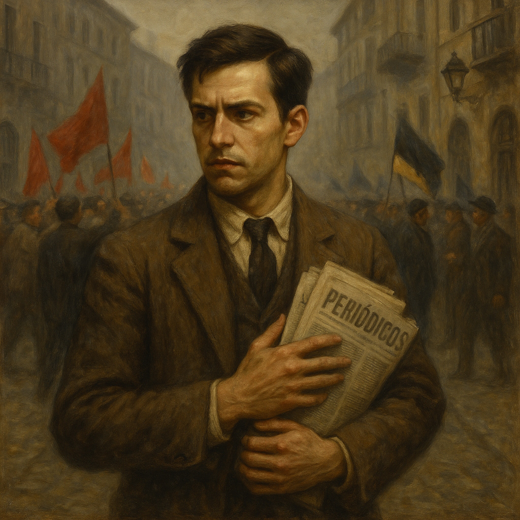Joven intelectual español de la década de 1930 sosteniendo periódicos mientras observa dos multitudes políticas opuestas en una calle de España, simbolizando la creación de nuevos partidos y la polarización ideológica previa a la Guerra Civil.