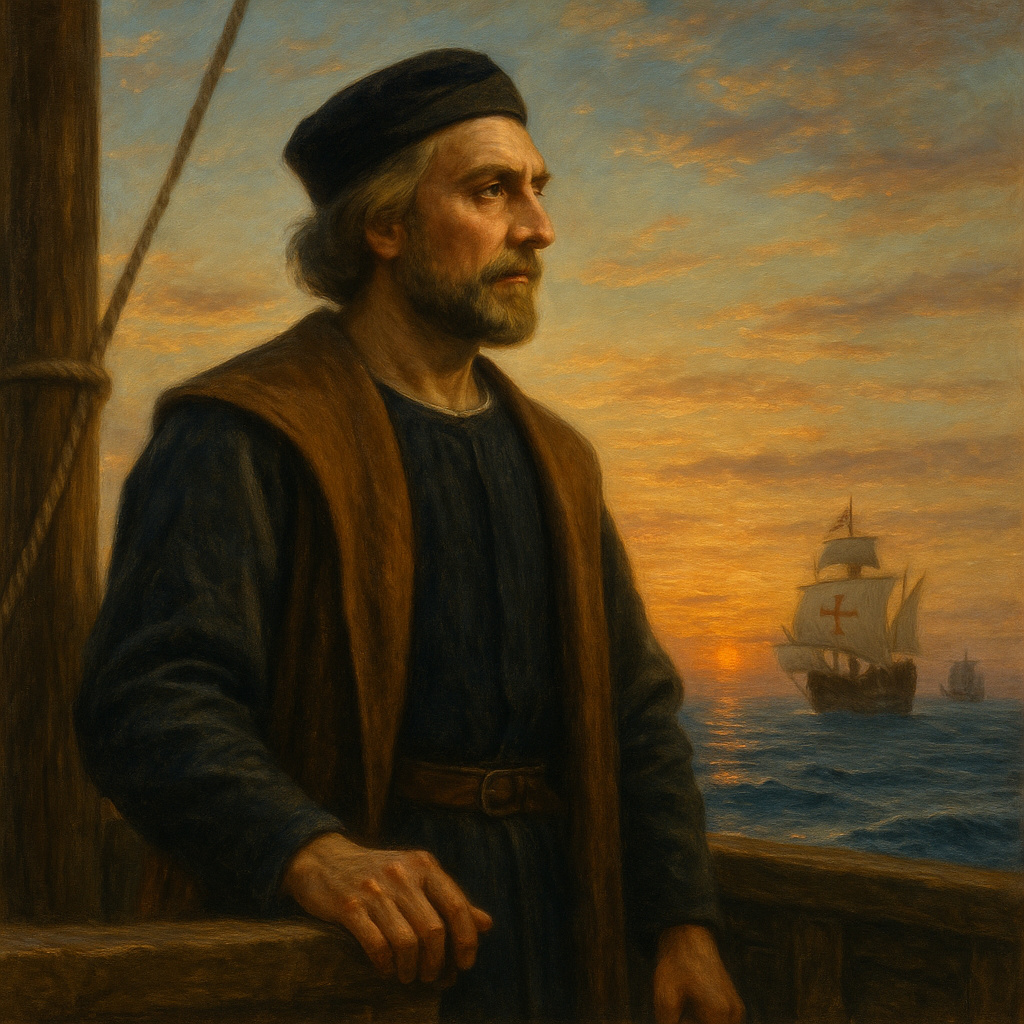 Cristóbal Colón sobre la cubierta de la Santa María observando el horizonte antes de su travesía atlántica.