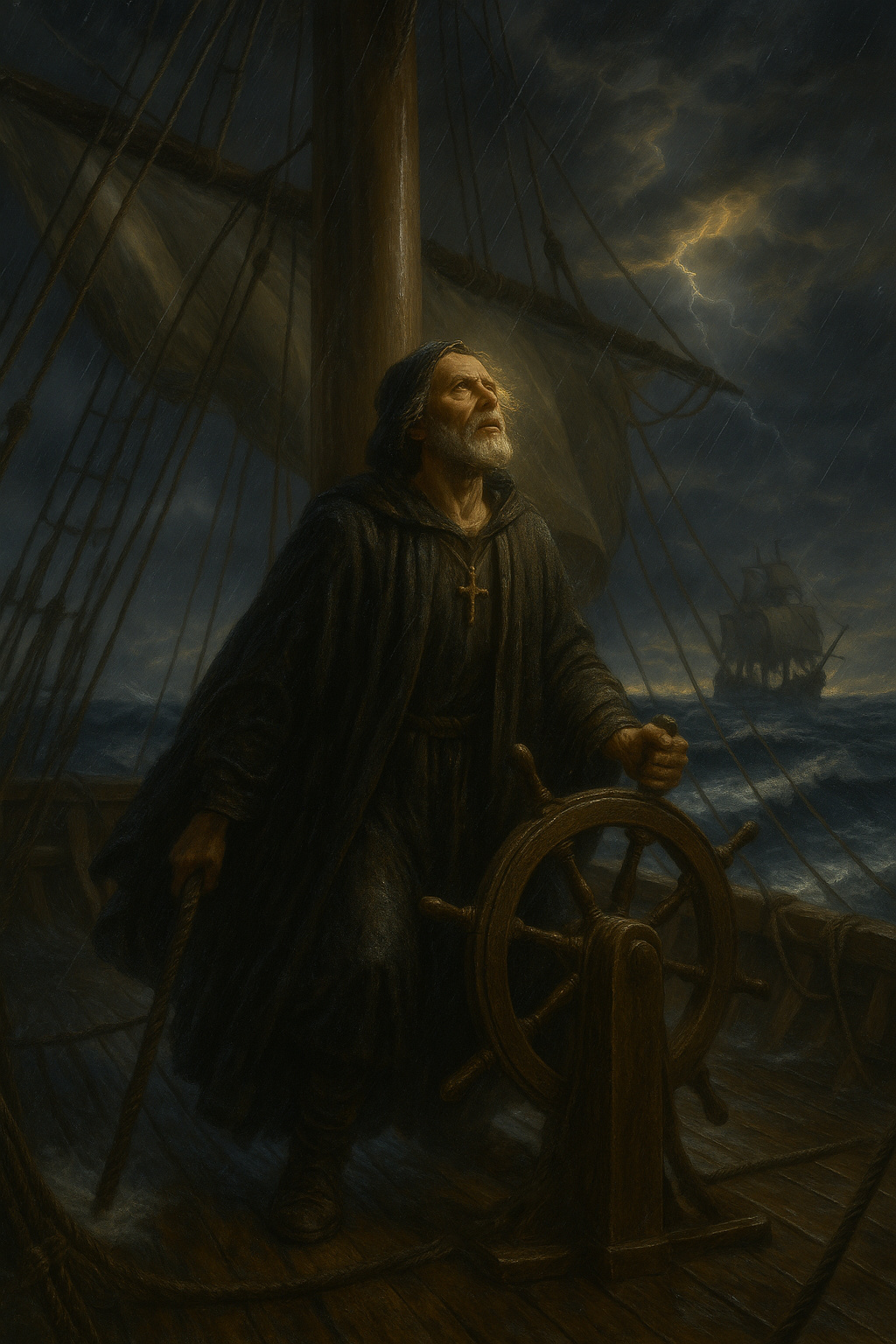 Cristóbal Colón en la cubierta de su carabela del siglo XV, de pie junto al timón bajo una tormenta caribeña, iluminado por un rayo de luz dorada entre nubes oscuras.