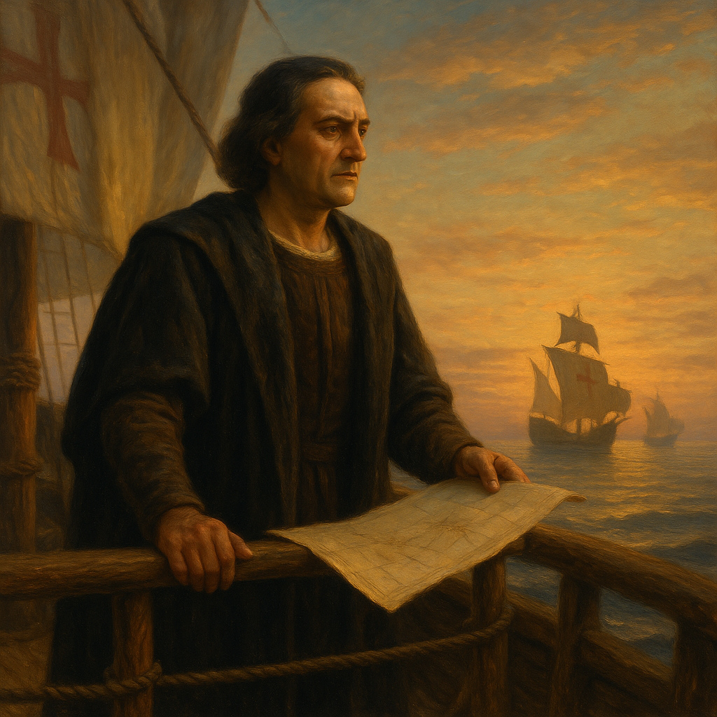 Cristóbal Colón de pie sobre la cubierta de la Santa María, sosteniendo una carta náutica mientras observa el horizonte al amanecer.
