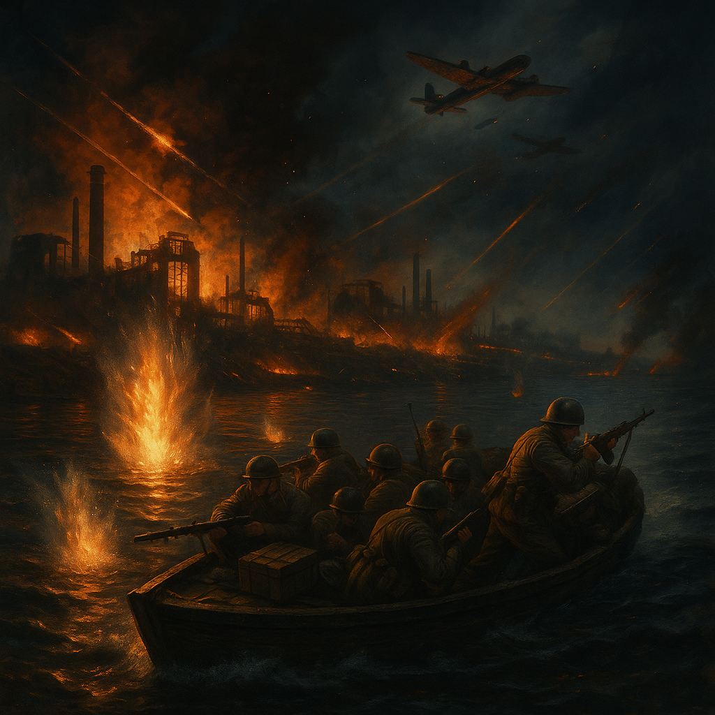 Pintura de soldados soviéticos cruzando el río Volga en barcazas bajo bombardeo alemán durante la Batalla de Stalingrado en 1942.