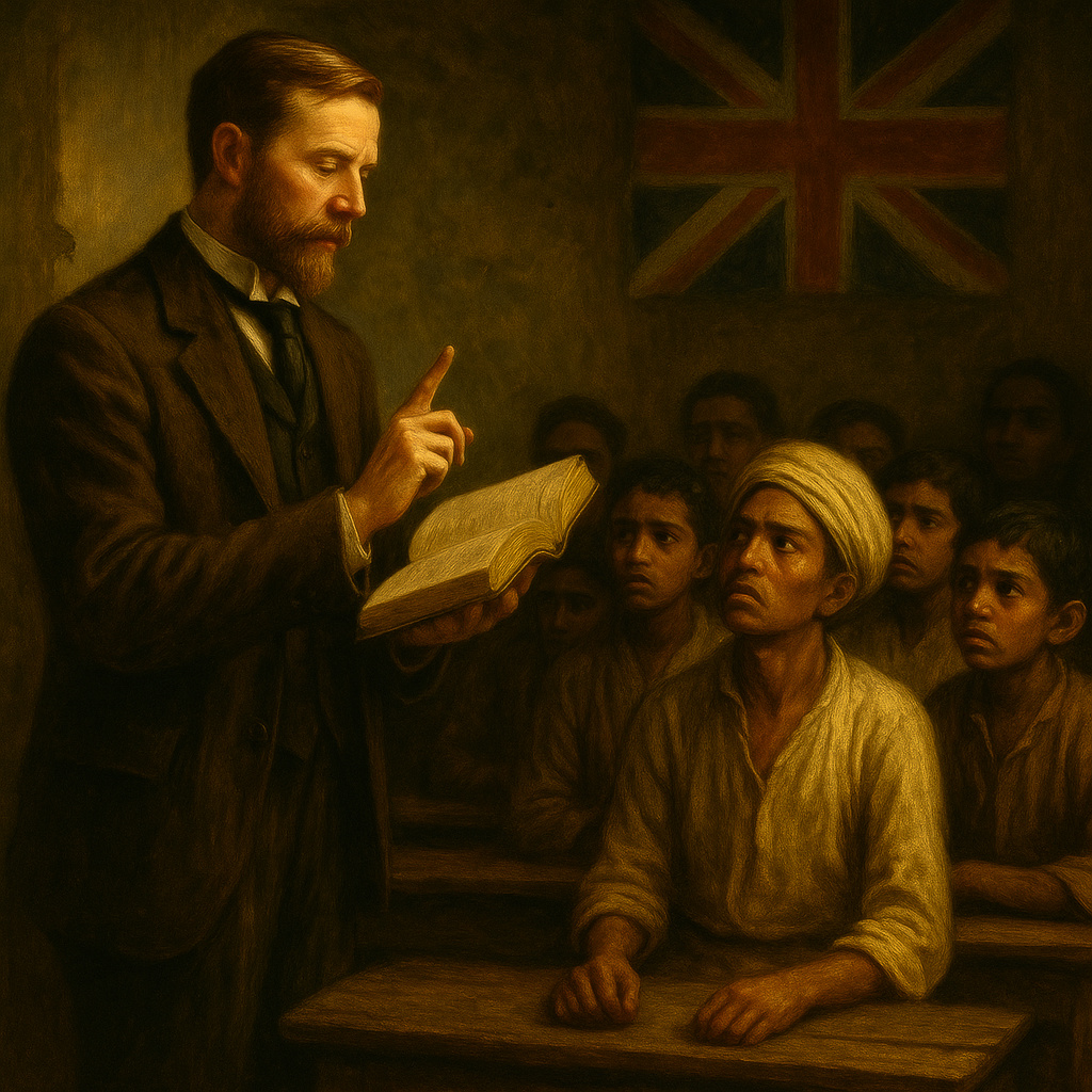 Escena simbólica del Imperio Británico usando la cultura como herramienta de poder, con un británico enseñando y figuras coloniales en segundo plano.