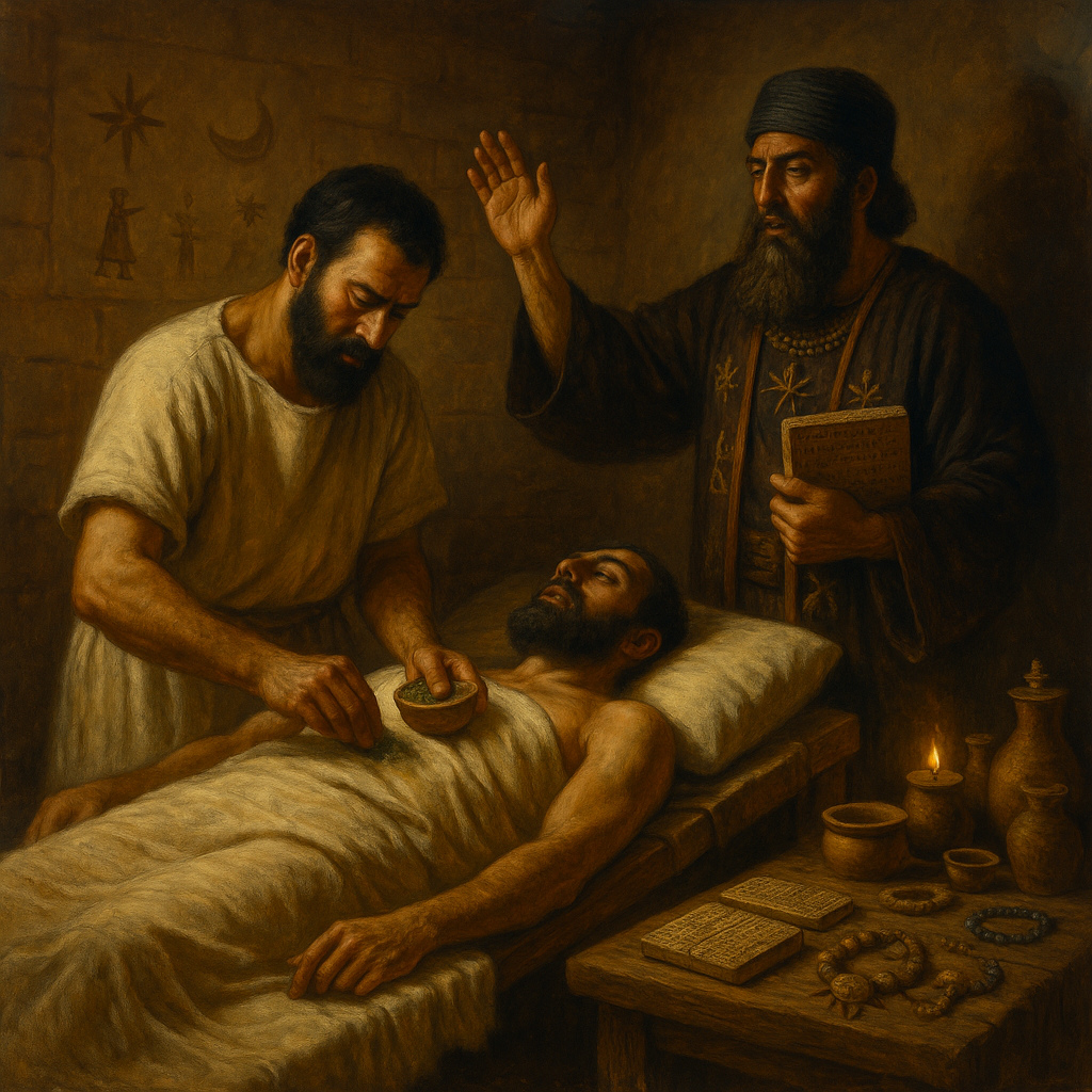 Pintura al óleo de estilo realista que representa a un médico y un curandero mesopotámicos colaborando en el tratamiento de un paciente, con tablillas de arcilla, plantas medicinales y símbolos rituales en un entorno interior de la antigua Mesopotamia.