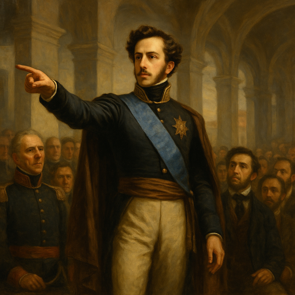 El príncipe Pedro I proclama el Día do Fico en 1822, declarando su permanencia en Brasil ante oficiales y ciudadanos.
