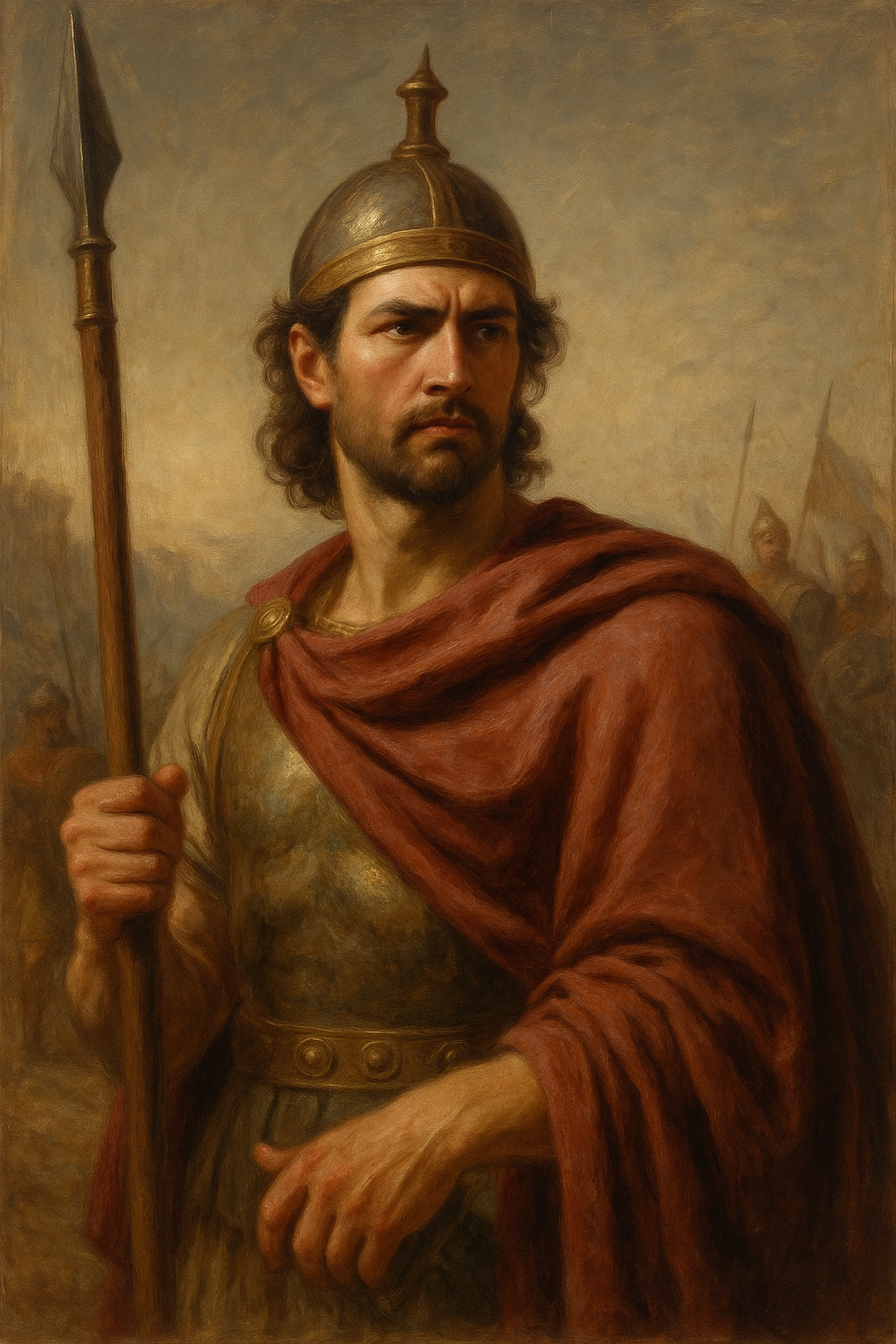 Retrato al óleo de Diodoto I, fundador del Reino Grecobactriano, con armadura y casco ceremonial, símbolo de su autoridad militar y nobleza en Asia Central.