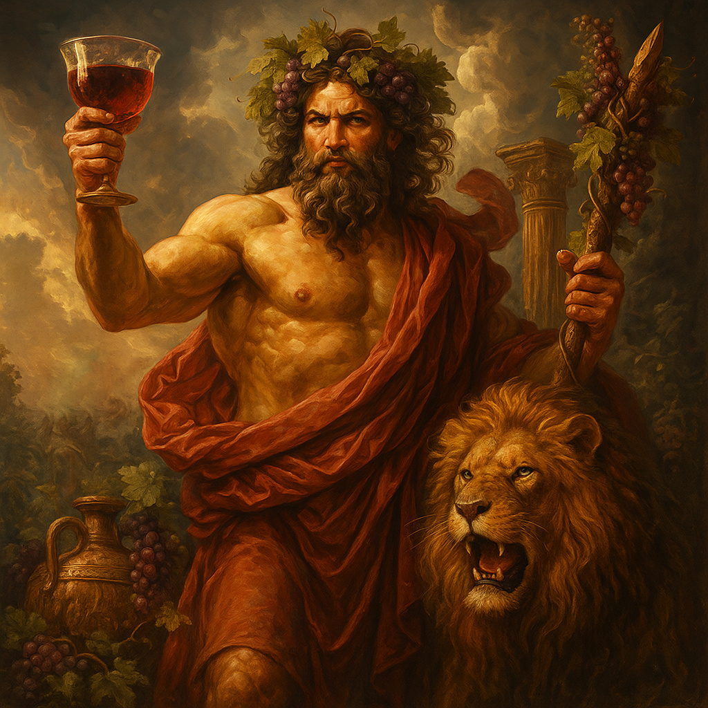 Ilustración digital de Dionisio en estilo realista mitológico, con copa de vino en mano, corona de uvas, un león rugiente a su lado, representando su poder sobre la embriaguez y el caos.