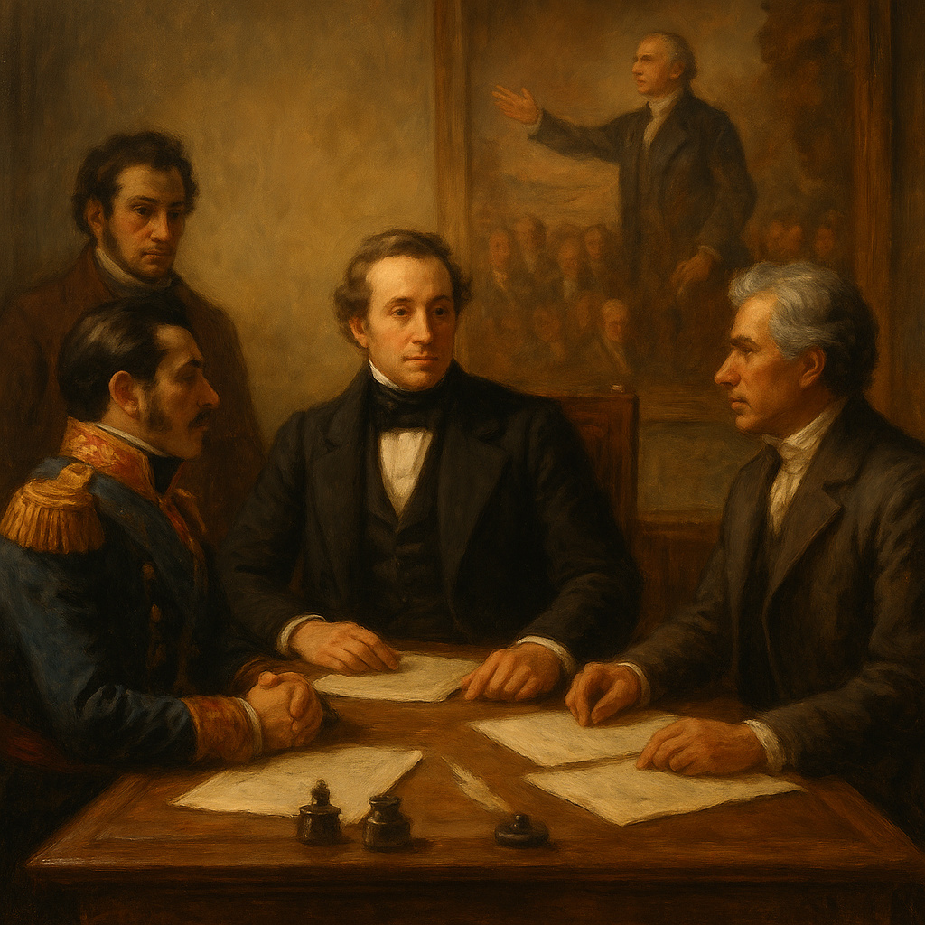 Diplomáticos británicos, portugueses y brasileños reunidos en torno a una mesa en 1825, negociando el reconocimiento de la independencia de Brasil.