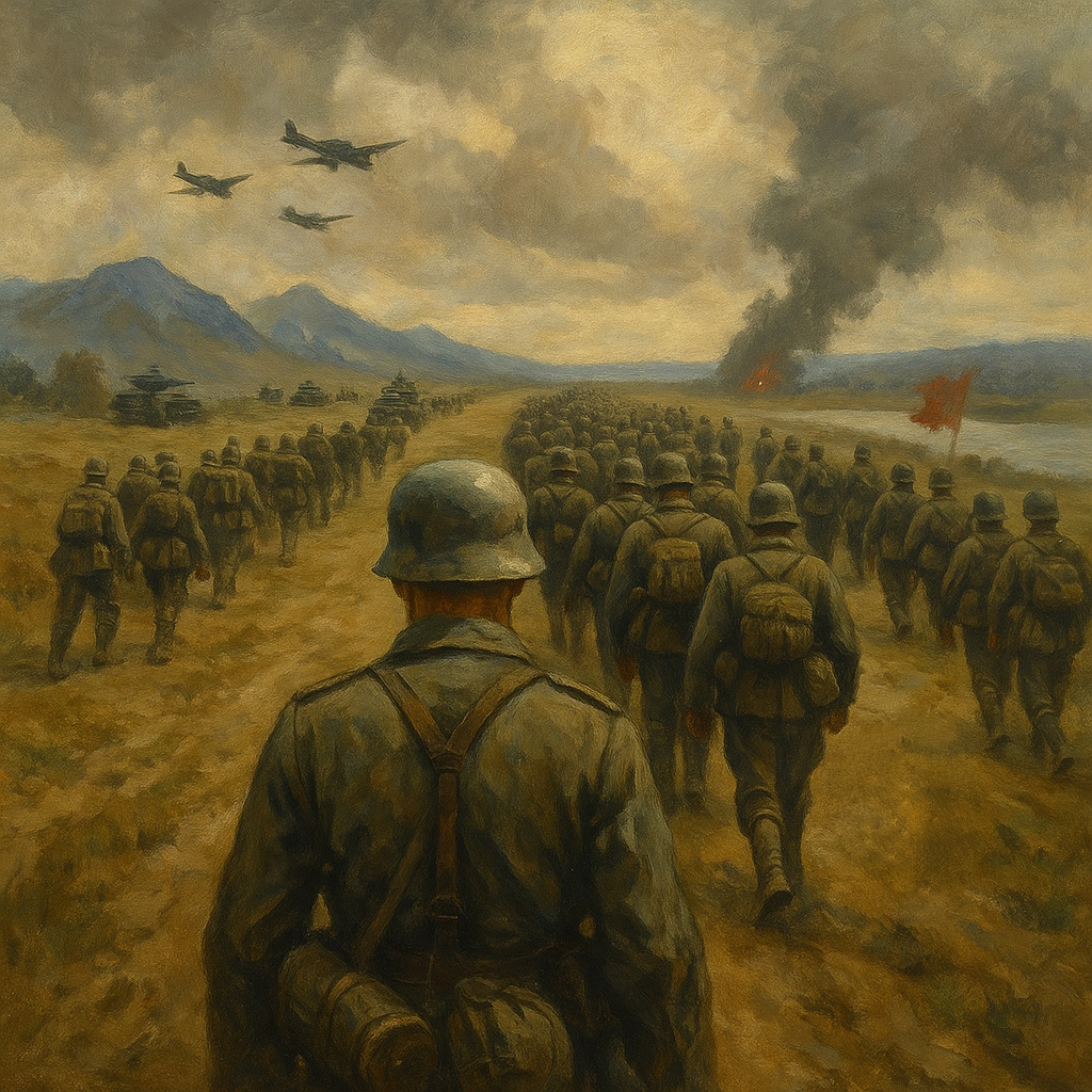 Soldados alemanes marchando en columnas que se dividen hacia el Cáucaso y el río Volga durante la Operación Azul en 1942.