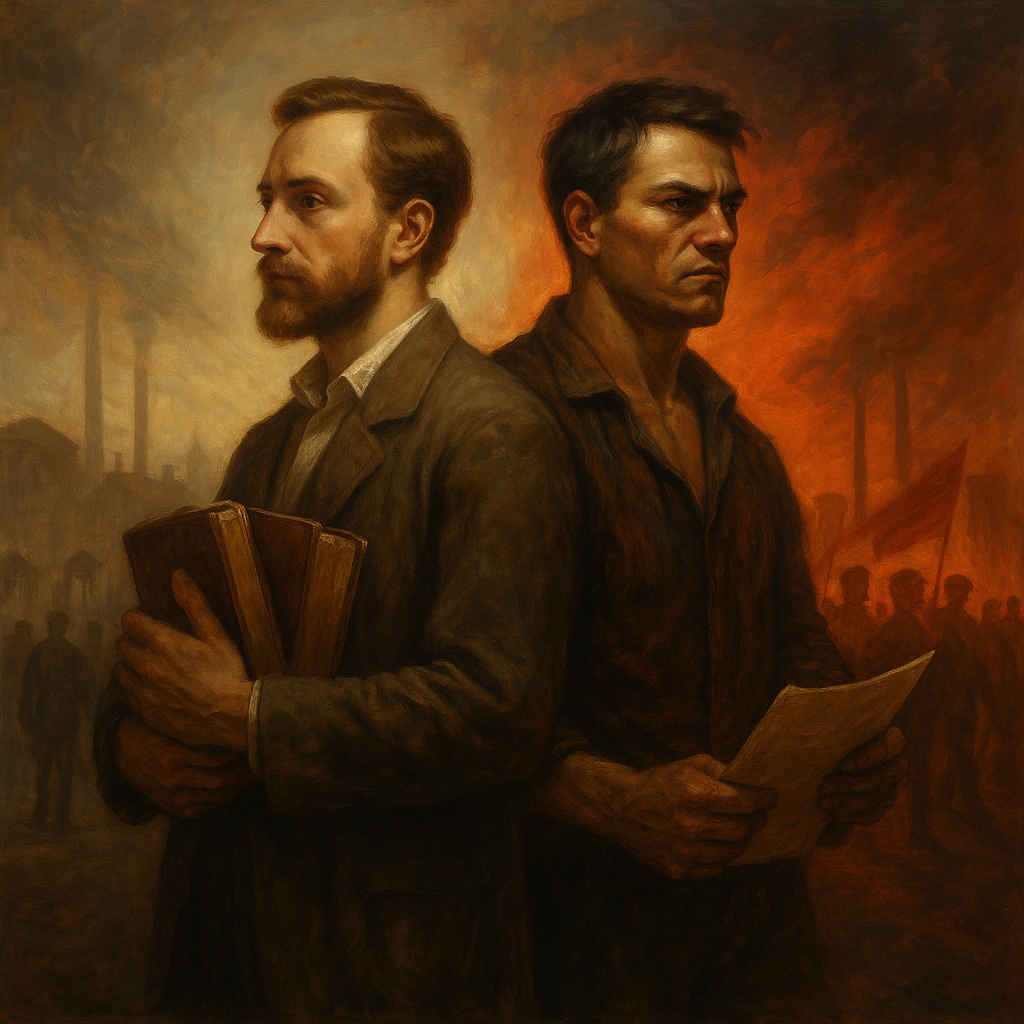 Dos figuras de espaldas, un intelectual con libros y un obrero con un manifiesto, representando el socialismo utópico y el socialismo científico